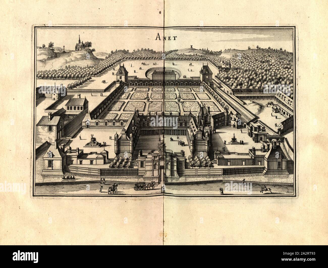 Anett, Château d'Anett vicino a Dreux (Francia), Fig. 78, p. 97, 1661, Martin Zeiller: topographia" Galliae, oder Beschreibung und der Contrafaitung vornehmbsten und bekantisten Oerter in dem mächtigen und grossen Königreich Franckreich: beedes auss eygner Erfahrung und den besten und berühmbtesten Scribenten, così in underschiedlichen Spraachen davon aussgangen seyn, auch auss erlangten Bericht und Relationen von etlichen Jahren hero zusammen getragen, richtige in Ordnung gebracht und auff Begehren zum Druck verfertiget. Franckfurt am Mayn: in Verlag Caspar Merians, 1655-1661 Foto Stock