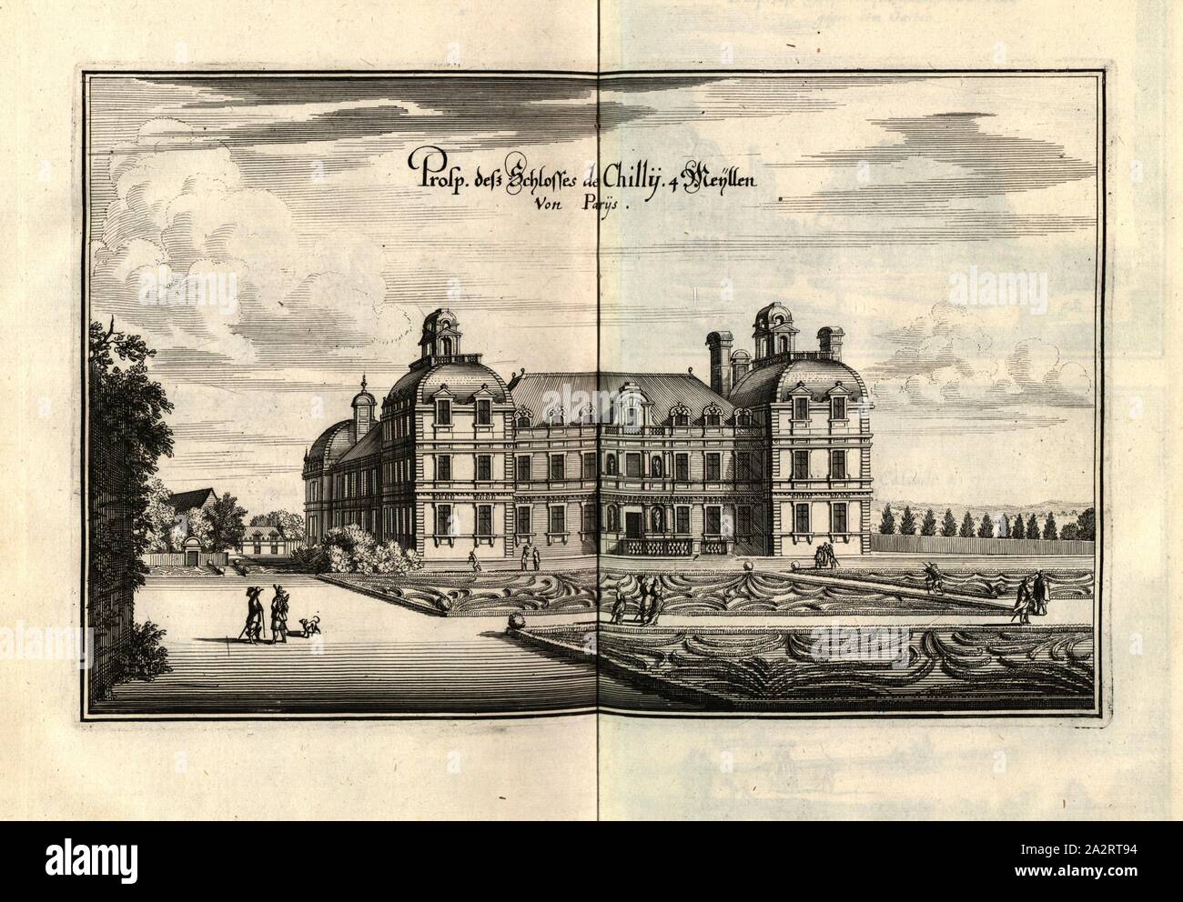 Prosp. Desz Château de piccante. 4 Meyllen di Parys, Château de Chilly-Mazarin in Francia, Fig. 81, dopo p. 97, 1661, Martin Zeiller: topographia" Galliae, oder Beschreibung und der Contrafaitung vornehmbsten und bekantisten Oerter in dem mächtigen und grossen Königreich Franckreich: beedes auss eygner Erfahrung und den besten und berühmbtesten Scribenten, così in underschiedlichen Spraachen davon aussgangen seyn, auch auss erlangten Bericht und Relationen von etlichen Jahren hero zusammen getragen, richtige in Ordnung gebracht und auff Begehren zum Druck verfertiget. Franckfurt am Mayn: in Verlag Foto Stock