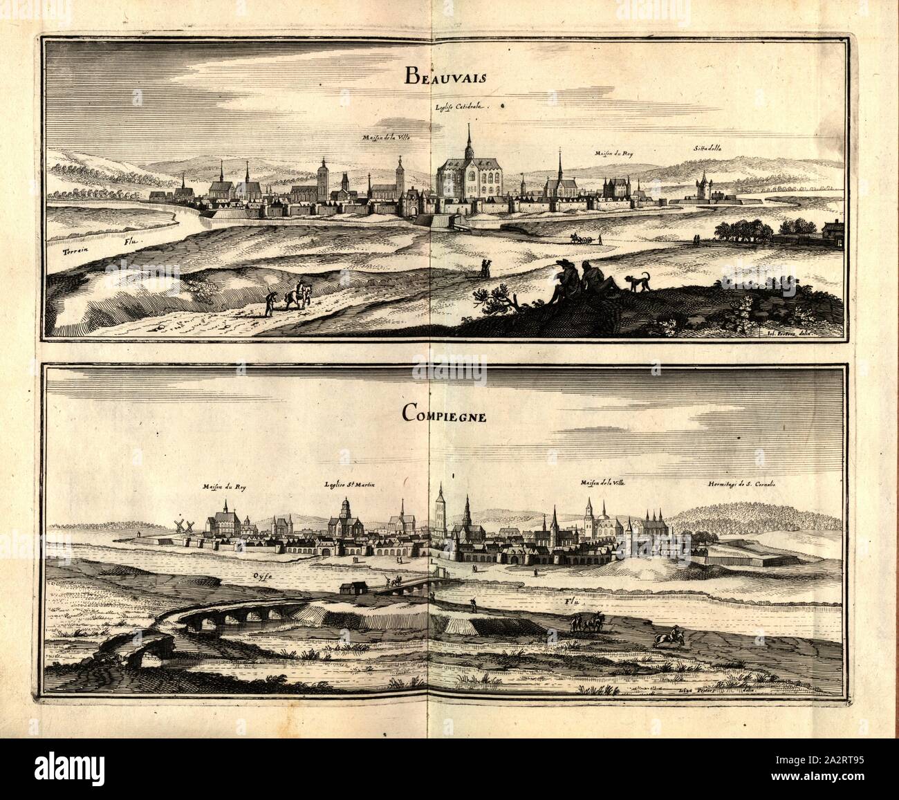 Presso lo stabilimento di Beauvais e Compiegne, città di Beauvais e Compiègne in Francia, firmato: Joh. Peeters delin, Fig. 80, dopo p. 97, Peeters, Johann (CANC.), 1661, Martin Zeiller: topographia" Galliae, oder Beschreibung und der Contrafaitung vornehmbsten und bekantisten Oerter in dem mächtigen und grossen Königreich Franckreich: beedes auss eygner Erfahrung und den besten und berühmbtesten Scribenten, così in underschiedlichen Spraachen davon aussgangen seyn, auch auss erlangten Bericht und Relationen von etlichen Jahren hero zusammen getragen, richtige in Ordnung gebracht und auff Begehren zum Druck verfertiget Foto Stock