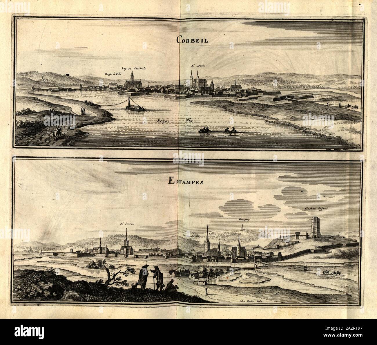 Corbeil e Estampes, Corbeil-Essonnes sulla Senna e Estampes in Francia, firmato: Iohan Peeters Delin, Fig. 85, dopo p. 97, Peeters, Johann (CANC.), 1661, Martin Zeiller: topographia" Galliae, oder Beschreibung und der Contrafaitung vornehmbsten und bekantisten Oerter in dem mächtigen und grossen Königreich Franckreich: beedes auss eygner Erfahrung und den besten und berühmbtesten Scribenten, così in underschiedlichen Spraachen davon aussgangen seyn, auch auss erlangten Bericht und Relationen von etlichen Jahren hero zusammen getragen, richtige in Ordnung gebracht und auff Begehren zum Druck Foto Stock
