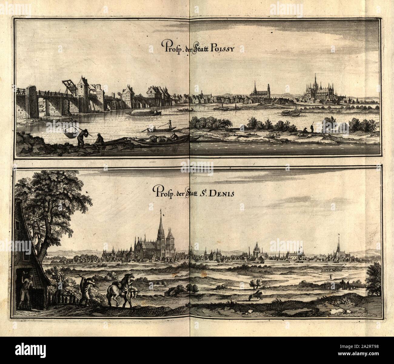 Prosp. Invece di Poissy e Prosp. Invece di St Denis, Poissy e Saint-Denis in Francia, Fig. 86, p. 97, 1661, Martin Zeiller: topographia" Galliae, oder Beschreibung und der Contrafaitung vornehmbsten und bekantisten Oerter in dem mächtigen und grossen Königreich Franckreich: beedes auss eygner Erfahrung und den besten und berühmbtesten Scribenten, così in underschiedlichen Spraachen davon aussgangen seyn, auch auss erlangten Bericht und Relationen von etlichen Jahren hero zusammen getragen, richtige in Ordnung gebracht und auff Begehren zum Druck verfertiget. Franckfurt am Mayn: in Verlag Foto Stock