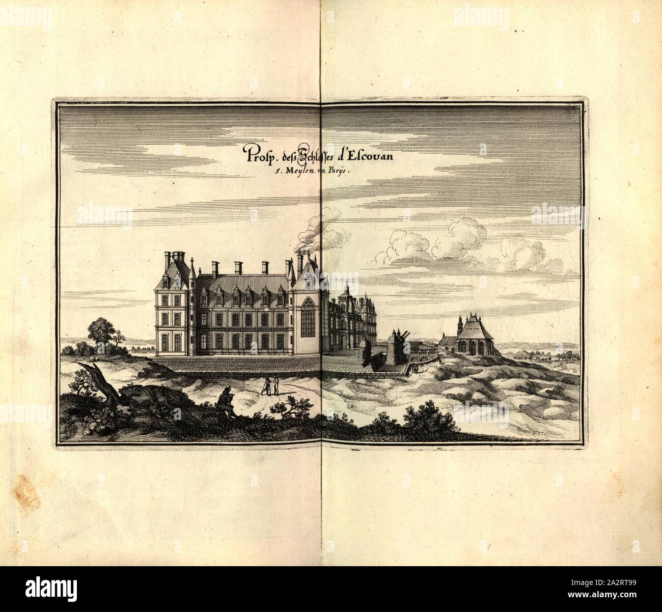 Prosp. Questi includono la Escouan. A 5 miglia da Parigi, Château d'Écouen vicino a Parigi (Francia), Fig. 87, dopo p. 97, 1661, Martin Zeiller: topographia" Galliae, oder Beschreibung und der Contrafaitung vornehmbsten und bekantisten Oerter in dem mächtigen und grossen Königreich Franckreich: beedes auss eygner Erfahrung und den besten und berühmbtesten Scribenten, così in underschiedlichen Spraachen davon aussgangen seyn, auch auss erlangten Bericht und Relationen von etlichen Jahren hero zusammen getragen, richtige in Ordnung gebracht und auff Begehren zum Druck verfertiget. Franckfurt am Mayn: in Foto Stock