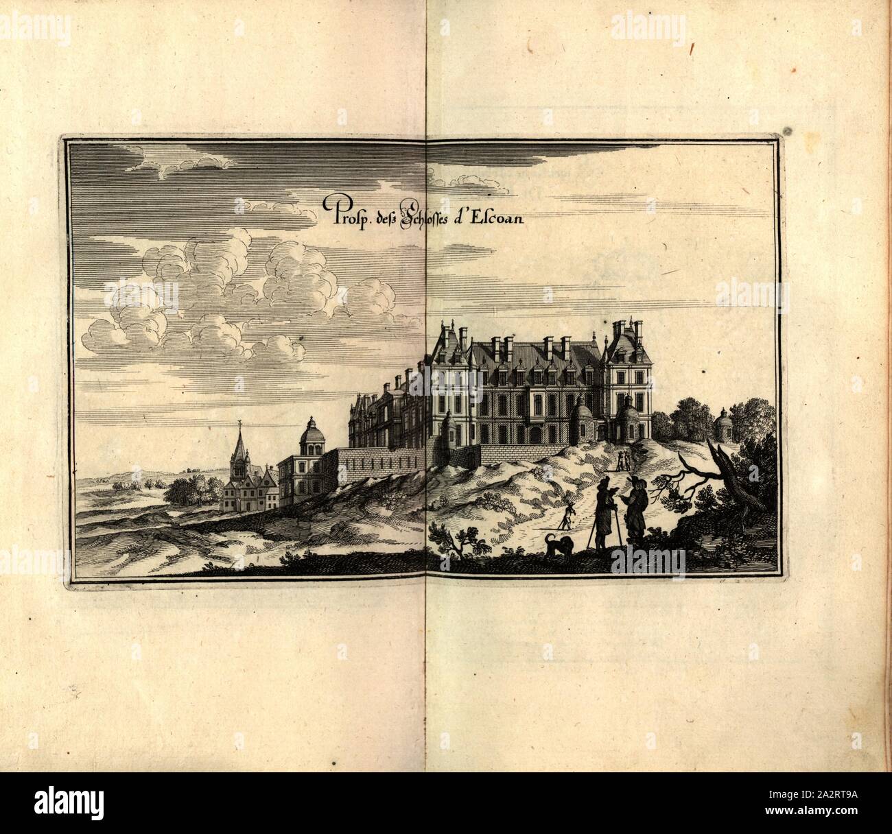 Prosp. Desz Escoan Castello, Château d'Écouen vicino a Parigi (Francia), Fig. 88, p. 97, 1661, Martin Zeiller: topographia" Galliae, oder Beschreibung und der Contrafaitung vornehmbsten und bekantisten Oerter in dem mächtigen und grossen Königreich Franckreich: beedes auss eygner Erfahrung und den besten und berühmbtesten Scribenten, così in underschiedlichen Spraachen davon aussgangen seyn, auch auss erlangten Bericht und Relationen von etlichen Jahren hero zusammen getragen, richtige in Ordnung gebracht und auff Begehren zum Druck verfertiget. Franckfurt am Mayn: in Verlag Caspar Merians, 1655-1661 Foto Stock