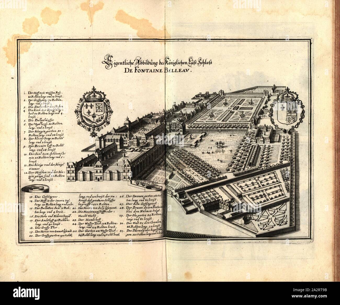 Cifra effettiva è piacere reale castello de Fontaine Belleau, Fontainebleau vicino a Parigi (Francia), Fig. 89, dopo p. 97, 1661, Martin Zeiller: topographia" Galliae, oder Beschreibung und der Contrafaitung vornehmbsten und bekantisten Oerter in dem mächtigen und grossen Königreich Franckreich: beedes auss eygner Erfahrung und den besten und berühmbtesten Scribenten, così in underschiedlichen Spraachen davon aussgangen seyn, auch auss erlangten Bericht und Relationen von etlichen Jahren hero zusammen getragen, richtige in Ordnung gebracht und auff Begehren zum Druck verfertiget. Franckfurt am Mayn: in Foto Stock
