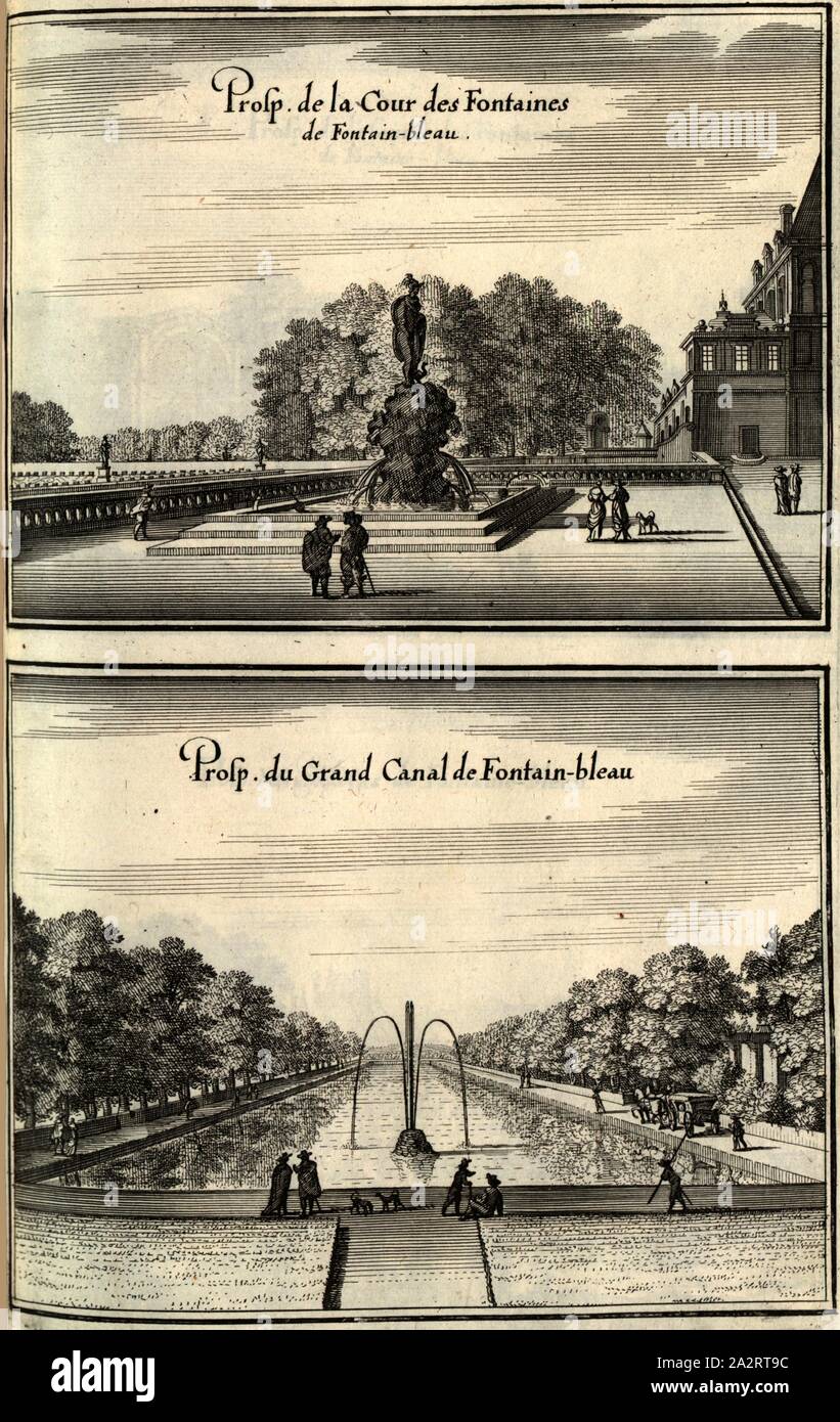 Prosp. dell'Fontain-Bleau e Fontain-Bleau und Prosp. del Grand Canal de fontana-bleau, Fontainebleau vicino a Parigi (Francia), Fig. 90, p. 97, 1661, Martin Zeiller: topographia" Galliae, oder Beschreibung und der Contrafaitung vornehmbsten und bekantisten Oerter in dem mächtigen und grossen Königreich Franckreich: beedes auss eygner Erfahrung und den besten und berühmbtesten Scribenten, così in underschiedlichen Spraachen davon aussgangen seyn, auch auss erlangten Bericht und Relationen von etlichen Jahren hero zusammen getragen, richtige in Ordnung gebracht und auff Begehren zum Druck Foto Stock