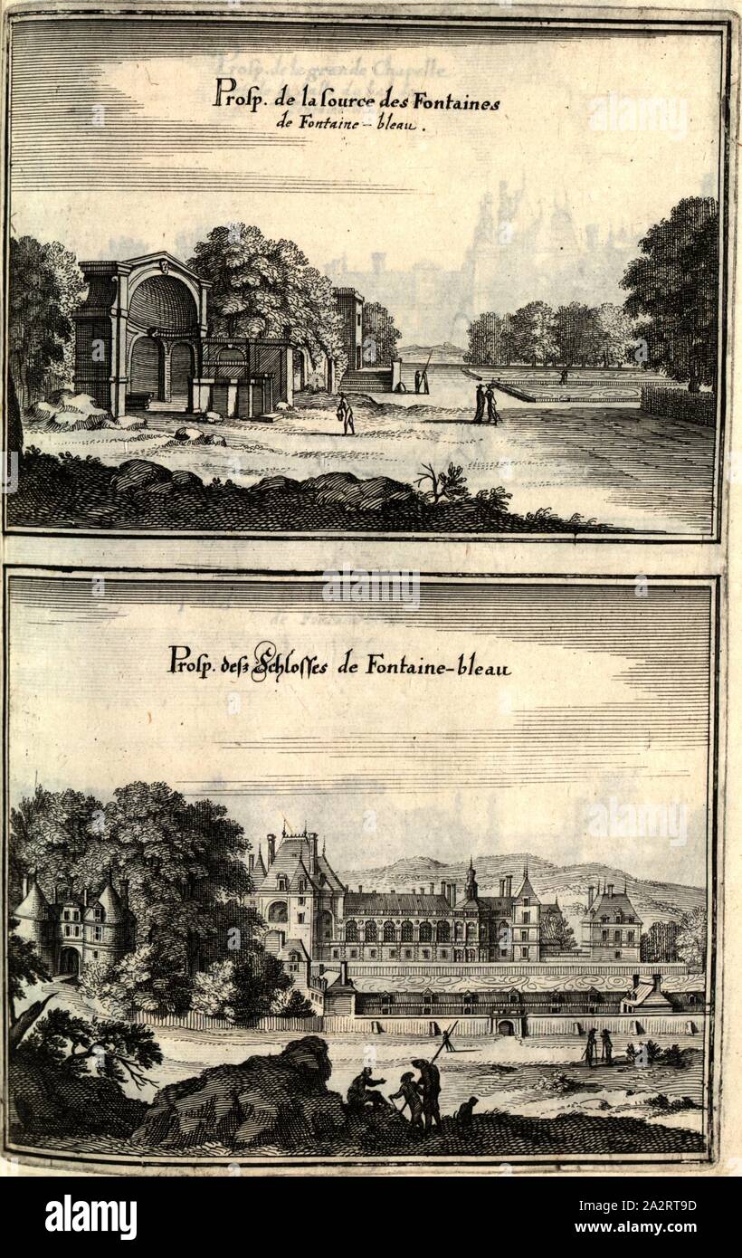Prosp. dalle fontane di Fontaine-bleau und Prosp. des Schlosses di Fontaine-bleau, Fontainebleau vicino a Parigi (Francia), Fig. 91, p. 97, 1661, Martin Zeiller: topographia" Galliae, oder Beschreibung und der Contrafaitung vornehmbsten und bekantisten Oerter in dem mächtigen und grossen Königreich Franckreich: beedes auss eygner Erfahrung und den besten und berühmbtesten Scribenten, così in underschiedlichen Spraachen davon aussgangen seyn, auch auss erlangten Bericht und Relationen von etlichen Jahren hero zusammen getragen, richtige in Ordnung gebracht und auff Begehren zum Druck verfertiget Foto Stock