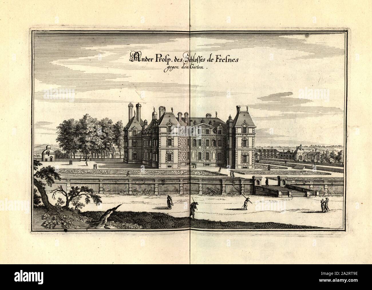Ander Prosp. Del castello de Fesnes contro il giardino, Château de Fresnes-sur-Marne nei pressi di Parigi (Francia), Fig. 95, p. 97, 1661, Martin Zeiller: topographia" Galliae, oder Beschreibung und der Contrafaitung vornehmbsten und bekantisten Oerter in dem mächtigen und grossen Königreich Franckreich: beedes auss eygner Erfahrung und den besten und berühmbtesten Scribenten, così in underschiedlichen Spraachen davon aussgangen seyn, auch auss erlangten Bericht und Relationen von etlichen Jahren hero zusammen getragen, richtige in Ordnung gebracht und auff Begehren zum Druck verfertiget. Franckfurt am Foto Stock