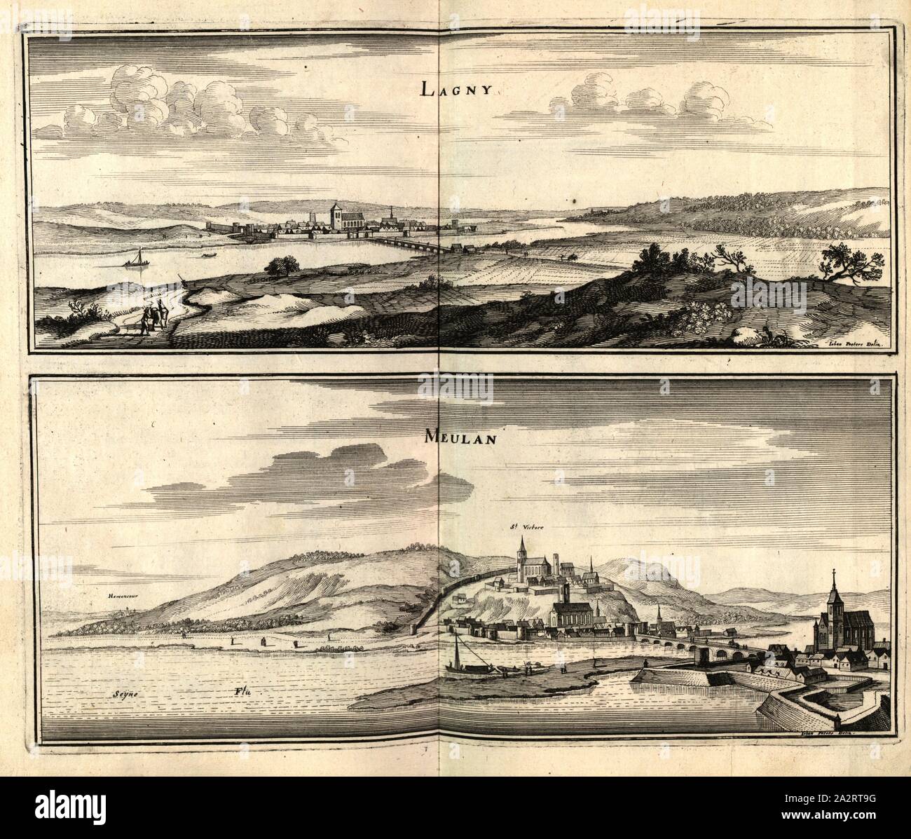 Lagny e Meulan, Lagny e Meulan-en-Yvelines in Francia, firmato: Iohan Peeters Delin, Fig. 98, p. 97, Peeters, Johann (CANC.), 1661, Martin Zeiller: topographia" Galliae, oder Beschreibung und der Contrafaitung vornehmbsten und bekantisten Oerter in dem mächtigen und grossen Königreich Franckreich: beedes auss eygner Erfahrung und den besten und berühmbtesten Scribenten, così in underschiedlichen Spraachen davon aussgangen seyn, auch auss erlangten Bericht und Relationen von etlichen Jahren hero zusammen getragen, richtige in Ordnung gebracht und auff Begehren zum Druck verfertiget. Franckfurt am Foto Stock