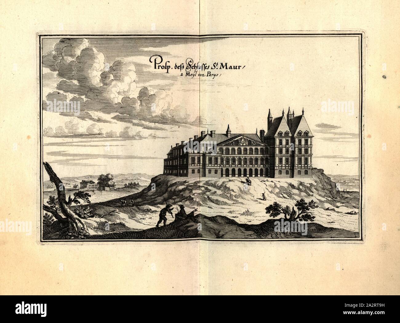 Prosp. Il castello di Desz San Maur 2 Meyl di Parys, Château de Saint-Maur vicino a Parigi (Francia), Fig. 101, dopo p. 97, 1661, Martin Zeiller: topographia" Galliae, oder Beschreibung und der Contrafaitung vornehmbsten und bekantisten Oerter in dem mächtigen und grossen Königreich Franckreich: beedes auss eygner Erfahrung und den besten und berühmbtesten Scribenten, così in underschiedlichen Spraachen davon aussgangen seyn, auch auss erlangten Bericht und Relationen von etlichen Jahren hero zusammen getragen, richtige in Ordnung gebracht und auff Begehren zum Druck verfertiget. Franckfurt am Mayn: in Verlag Foto Stock