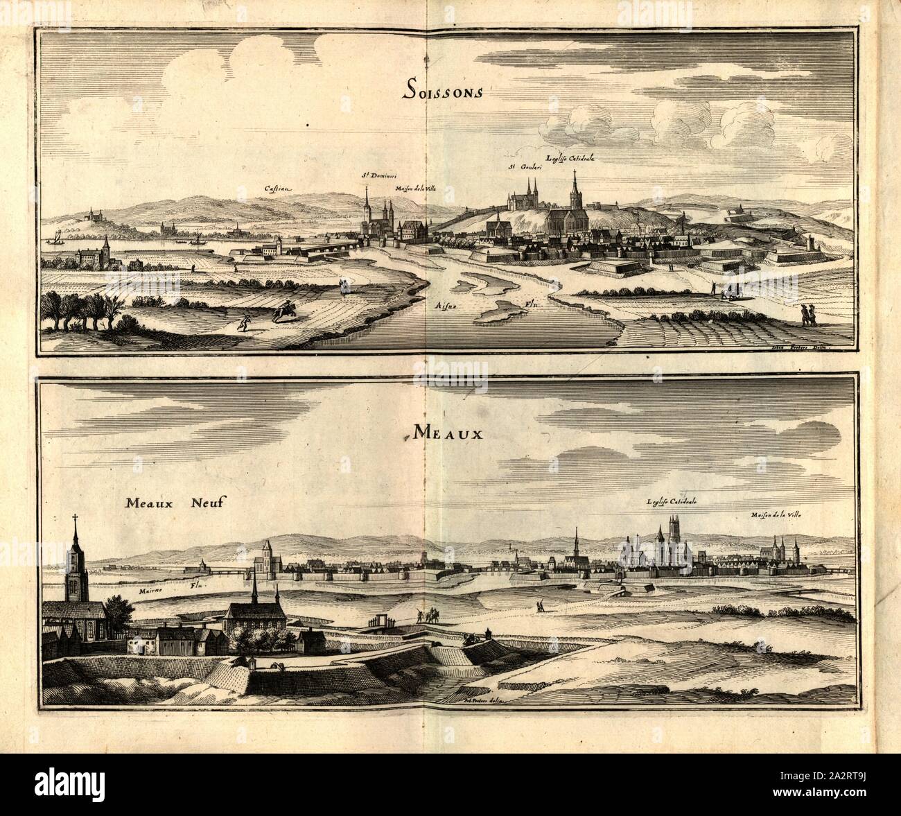 Soissons e Meaux, Soissons e Meaux in Francia, firmato: Iohan Peeters Delin, Fig. 104, dopo p. 97, Peeters, Johann (CANC.), 1661, Martin Zeiller: topographia" Galliae, oder Beschreibung und der Contrafaitung vornehmbsten und bekantisten Oerter in dem mächtigen und grossen Königreich Franckreich: beedes auss eygner Erfahrung und den besten und berühmbtesten Scribenten, così in underschiedlichen Spraachen davon aussgangen seyn, auch auss erlangten Bericht und Relationen von etlichen Jahren hero zusammen getragen, richtige in Ordnung gebracht und auff Begehren zum Druck verfertiget. Franckfurt am Foto Stock