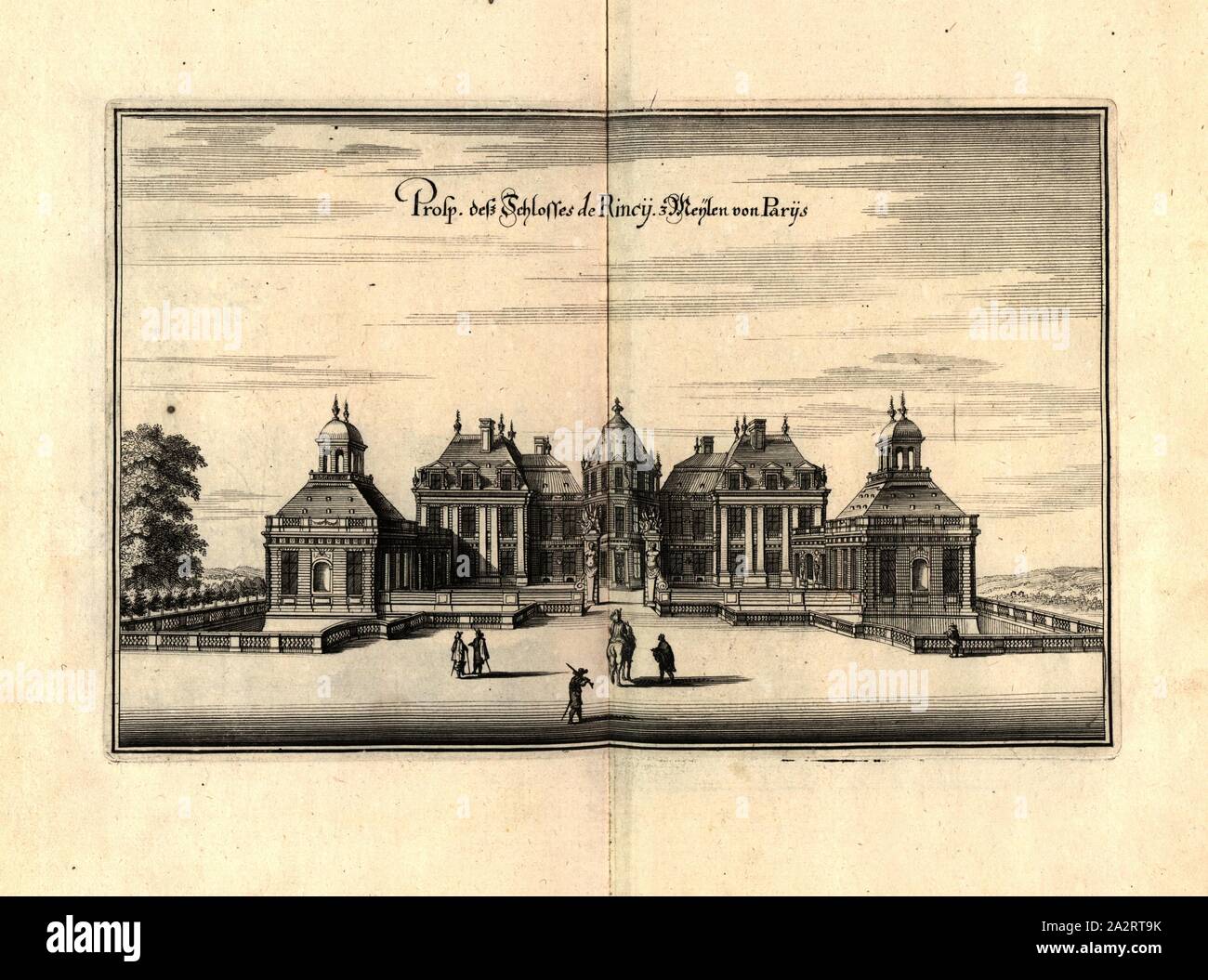 Prosp. Queste sono le serrature Rincy. A 3 miglia da Parigi, Château du Raincy vicino a Parigi (Francia), Fig. 106, p. 97, 1661, Martin Zeiller: topographia" Galliae, oder Beschreibung und der Contrafaitung vornehmbsten und bekantisten Oerter in dem mächtigen und grossen Königreich Franckreich: beedes auss eygner Erfahrung und den besten und berühmbtesten Scribenten, così in underschiedlichen Spraachen davon aussgangen seyn, auch auss erlangten Bericht und Relationen von etlichen Jahren hero zusammen getragen, richtige in Ordnung gebracht und auff Begehren zum Druck verfertiget. Franckfurt am Mayn: in Verlag Foto Stock
