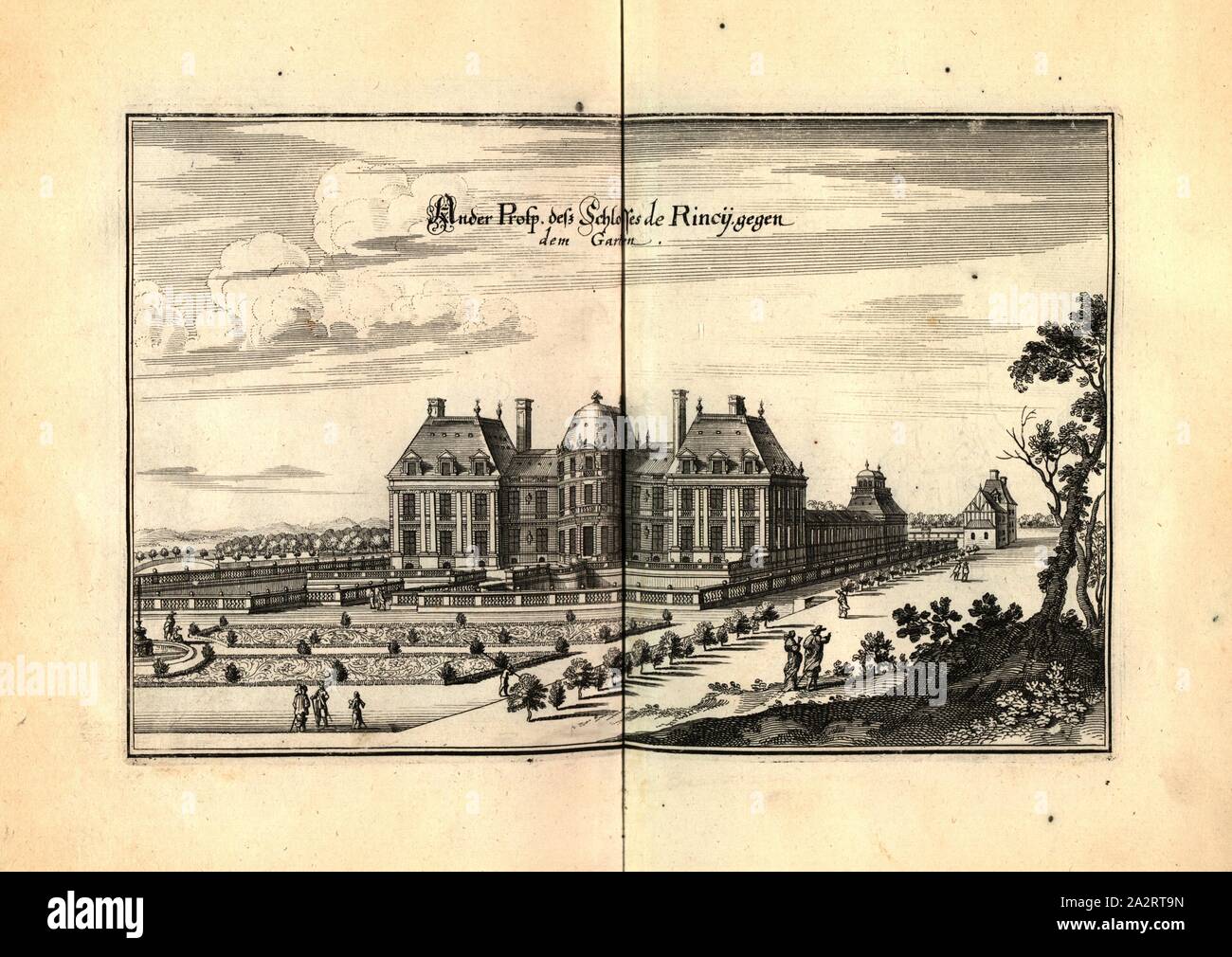 Ander Prosp. Del castello de Rincy contro il giardino, Château du Raincy vicino a Parigi (Francia), Fig. 107, dopo p. 97, 1661, Martin Zeiller: topographia" Galliae, oder Beschreibung und der Contrafaitung vornehmbsten und bekantisten Oerter in dem mächtigen und grossen Königreich Franckreich: beedes auss eygner Erfahrung und den besten und berühmbtesten Scribenten, così in underschiedlichen Spraachen davon aussgangen seyn, auch auss erlangten Bericht und Relationen von etlichen Jahren hero zusammen getragen, richtige in Ordnung gebracht und auff Begehren zum Druck verfertiget. Franckfurt am Mayn: in Foto Stock