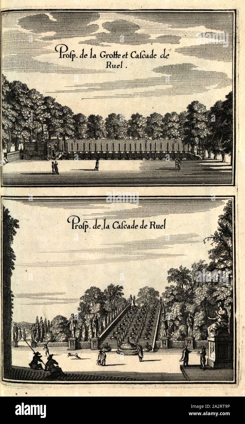 Prosp. La Grotta e la cascata de Ruel, giardino di Château de Rueil in Francia, Fig. 109, dopo p. 97, 1661, Martin Zeiller: topographia" Galliae, oder Beschreibung und der Contrafaitung vornehmbsten und bekantisten Oerter in dem mächtigen und grossen Königreich Franckreich: beedes auss eygner Erfahrung und den besten und berühmbtesten Scribenten, così in underschiedlichen Spraachen davon aussgangen seyn, auch auss erlangten Bericht und Relationen von etlichen Jahren hero zusammen getragen, richtige in Ordnung gebracht und auff Begehren zum Druck verfertiget. Franckfurt am Mayn: in Verlag Caspar Foto Stock