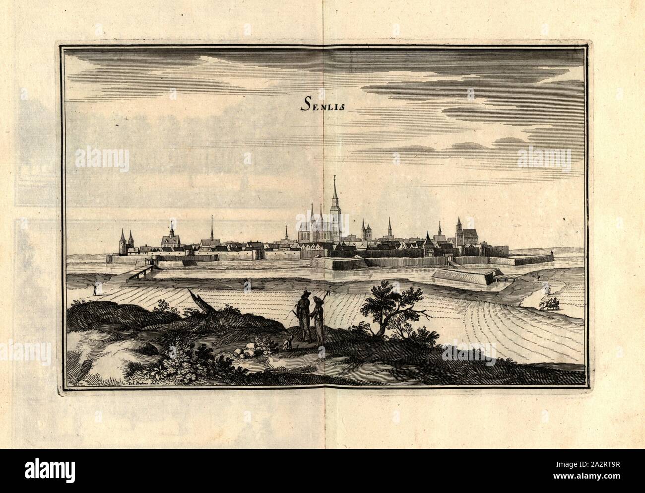 Senlis, Senlis in Francia, Fig. 110, dopo p. 97, 1661, Martin Zeiller: topographia" Galliae, oder Beschreibung und der Contrafaitung vornehmbsten und bekantisten Oerter in dem mächtigen und grossen Königreich Franckreich: beedes auss eygner Erfahrung und den besten und berühmbtesten Scribenten, così in underschiedlichen Spraachen davon aussgangen seyn, auch auss erlangten Bericht und Relationen von etlichen Jahren hero zusammen getragen, richtige in Ordnung gebracht und auff Begehren zum Druck verfertiget. Franckfurt am Mayn: in Verlag Caspar Merians, 1655-1661 Foto Stock