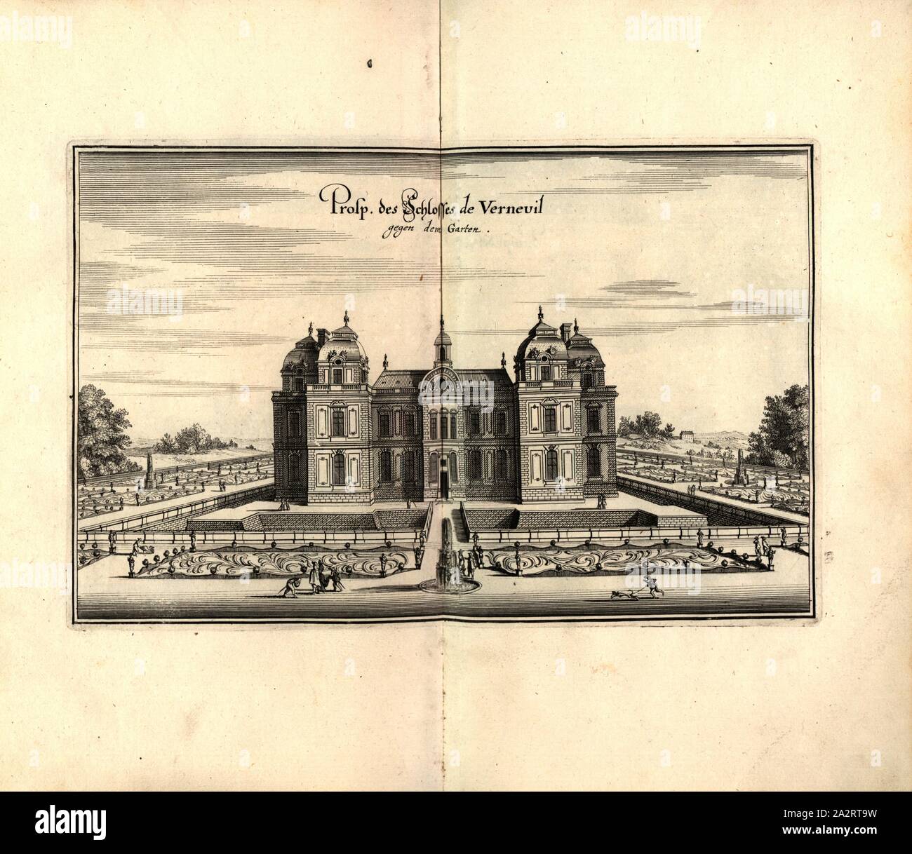 Prosp. Del castello de Verneuil contro il giardino, Verneuil-en-Halatte in Francia, Fig. 111, dopo p. 97, 1661, Martin Zeiller: topographia" Galliae, oder Beschreibung und der Contrafaitung vornehmbsten und bekantisten Oerter in dem mächtigen und grossen Königreich Franckreich: beedes auss eygner Erfahrung und den besten und berühmbtesten Scribenten, così in underschiedlichen Spraachen davon aussgangen seyn, auch auss erlangten Bericht und Relationen von etlichen Jahren hero zusammen getragen, richtige in Ordnung gebracht und auff Begehren zum Druck verfertiget. Franckfurt am Mayn: in Verlag Foto Stock