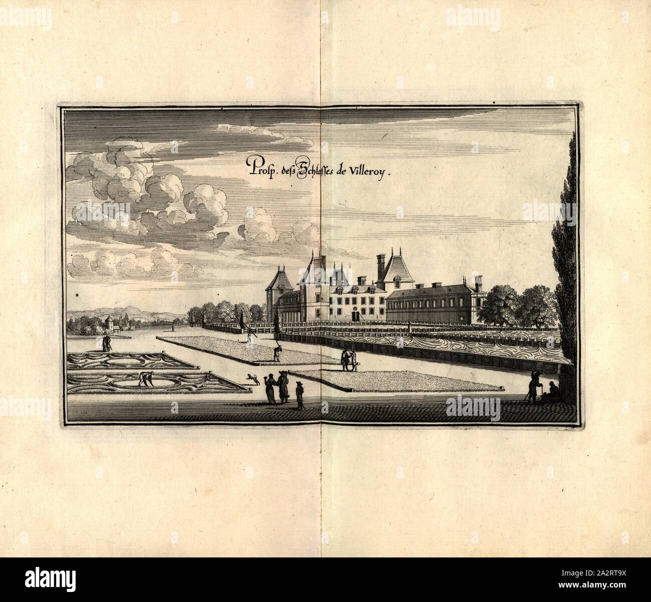 Prosp. Il castello di Desz de Villeroy, Château de Villeroy in Francia, Fig. 112, p. 97, 1661, Martin Zeiller: topographia" Galliae, oder Beschreibung und der Contrafaitung vornehmbsten und bekantisten Oerter in dem mächtigen und grossen Königreich Franckreich: beedes auss eygner Erfahrung und den besten und berühmbtesten Scribenten, così in underschiedlichen Spraachen davon aussgangen seyn, auch auss erlangten Bericht und Relationen von etlichen Jahren hero zusammen getragen, richtige in Ordnung gebracht und auff Begehren zum Druck verfertiget. Franckfurt am Mayn: in Verlag Caspar Merians, 1655-1661 Foto Stock