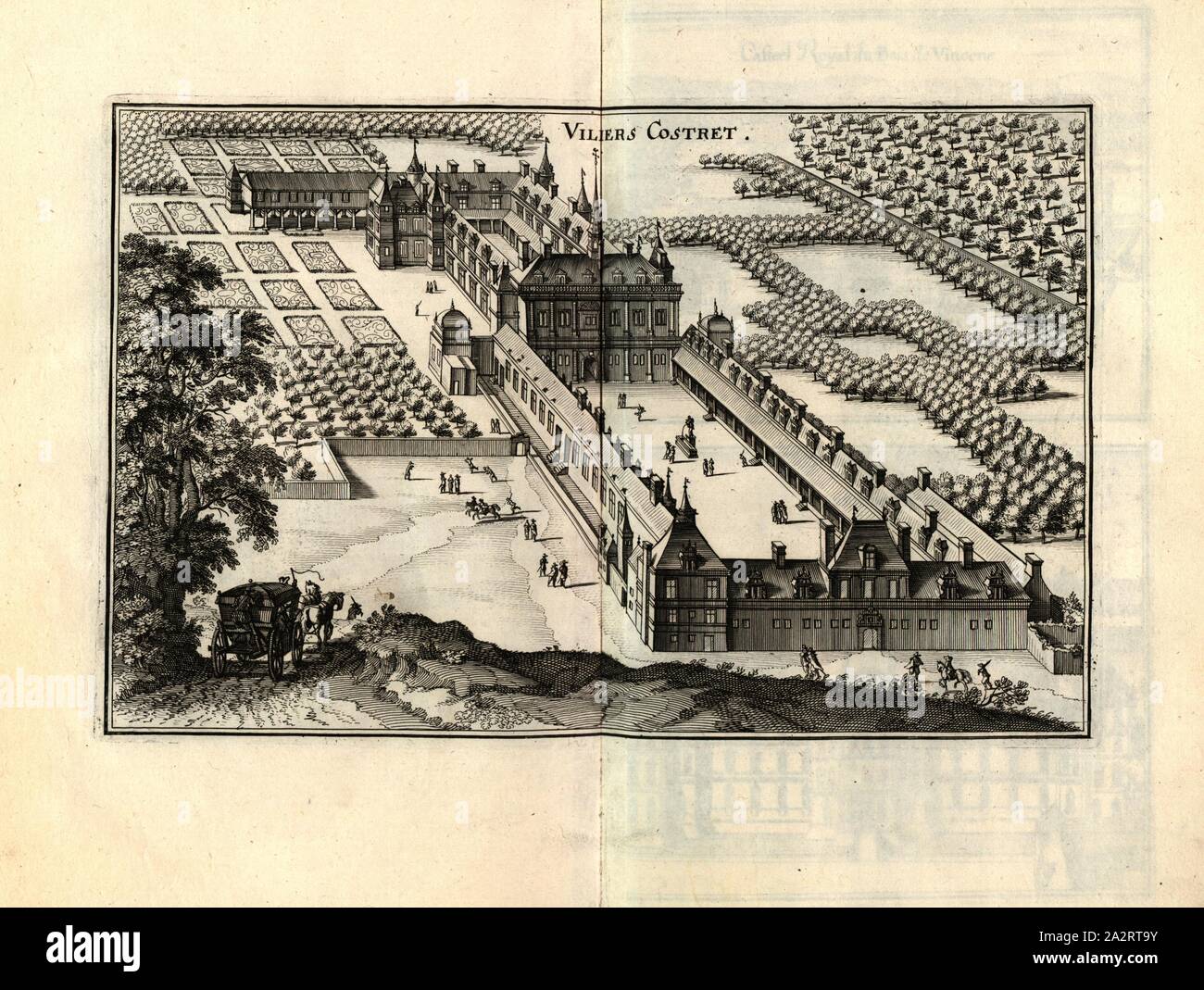 Villiers Costa, Château de Villers-Cotterêts in Francia, Fig. 113, p. 97, 1661, Martin Zeiller: topographia" Galliae, oder Beschreibung und der Contrafaitung vornehmbsten und bekantisten Oerter in dem mächtigen und grossen Königreich Franckreich: beedes auss eygner Erfahrung und den besten und berühmbtesten Scribenten, così in underschiedlichen Spraachen davon aussgangen seyn, auch auss erlangten Bericht und Relationen von etlichen Jahren hero zusammen getragen, richtige in Ordnung gebracht und auff Begehren zum Druck verfertiget. Franckfurt am Mayn: in Verlag Caspar Merians, 1655-1661 Foto Stock