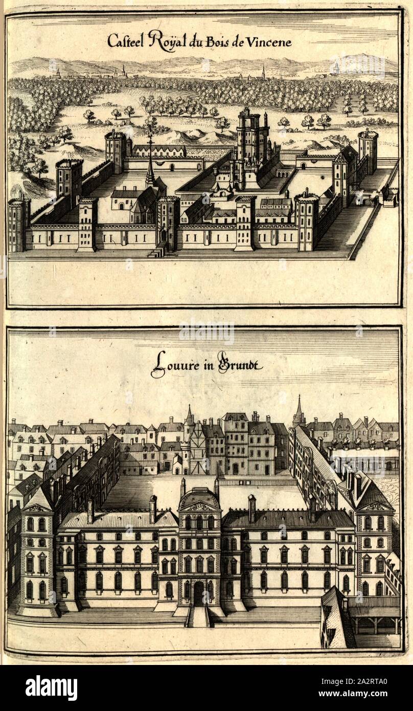 Casteel Royal du Bois du Vincene e il Louvre in Grundt, Château de Vincennes vicino a Parigi e al Louvre di Parigi (Francia), Fig. 114, dopo p. 97, 1661, Martin Zeiller: topographia" Galliae, oder Beschreibung und der Contrafaitung vornehmbsten und bekantisten Oerter in dem mächtigen und grossen Königreich Franckreich: beedes auss eygner Erfahrung und den besten und berühmbtesten Scribenten, così in underschiedlichen Spraachen davon aussgangen seyn, auch auss erlangten Bericht und Relationen von etlichen Jahren hero zusammen getragen, richtige in Ordnung gebracht und auff Begehren zum Druck verfertiget Foto Stock