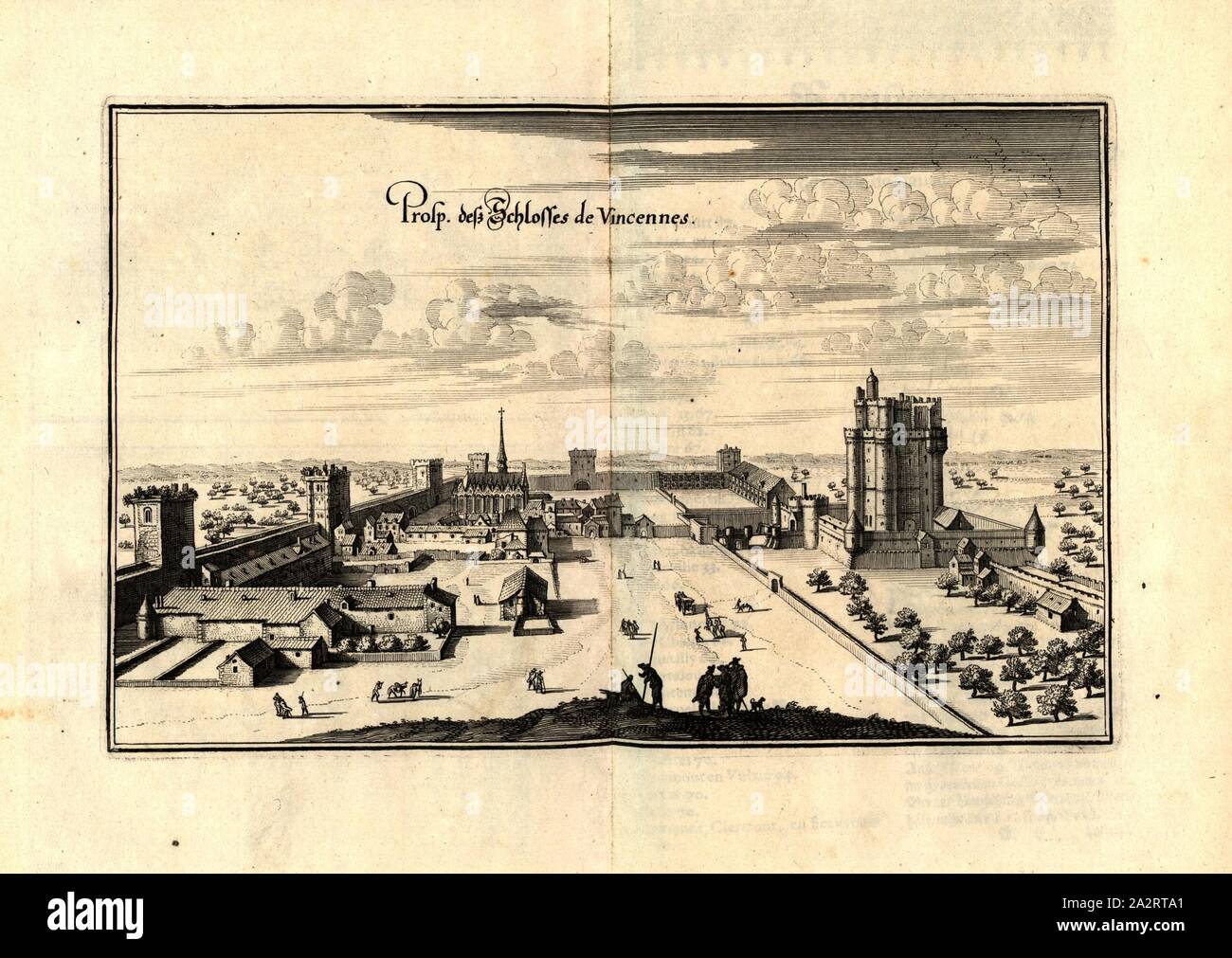 Prosp. Il castello di Desz de Vincennes, Château de Vincennes vicino a Parigi (Francia), Fig. 115, dopo p. 97, 1661, Martin Zeiller: topographia" Galliae, oder Beschreibung und der Contrafaitung vornehmbsten und bekantisten Oerter in dem mächtigen und grossen Königreich Franckreich: beedes auss eygner Erfahrung und den besten und berühmbtesten Scribenten, così in underschiedlichen Spraachen davon aussgangen seyn, auch auss erlangten Bericht und Relationen von etlichen Jahren hero zusammen getragen, richtige in Ordnung gebracht und auff Begehren zum Druck verfertiget. Franckfurt am Mayn: in Verlag Caspar Foto Stock