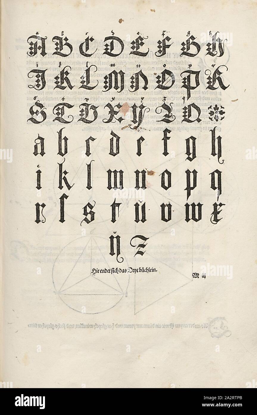 Dürer frattura, Lettera Bordo, F. 69v, p. 143, Dürer, Albrecht, 1525, Albrecht Dürer: Underweysung der Messung, mit dem Zirckel und Richtscheyt, in Linien ebnen unnd gantzen Corporen. [Nürnberg], [s. n.], [1525 Foto Stock