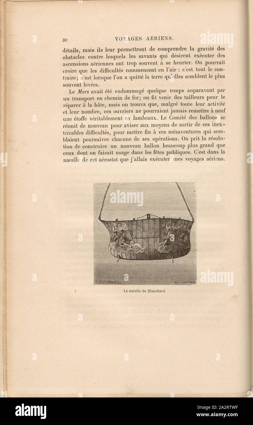 Blanchard la gondola, cesto di palloncino dell'balloonist Jean-Pierre Blanchard, firmato: J. Gauchard; A. Tissandier, Fig. 5, p. 30, Tissandier, Albert (CANC.); Gauchard, Jean (sc.); 1870, James Glaisher; Camille Flammarion; Wilfrid de Fonvielle; Gaston Tissandier: Voyages aériens. Parigi: Hachette, 1870 Foto Stock