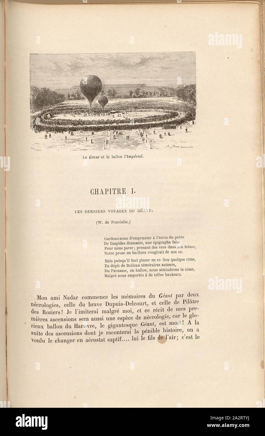 Il gigante e la sfera di imperiale, mongolfiera Géant da Eugène Godard e Impérial di Nadar prima di iniziare a Parigi 1867, firmato: Ettling; A. Marie, Fig. 62, p. 300, Marie, Adrien (CANC.); Ettling, Jacob (sc.), 1870, James Glaisher; Camille Flammarion; Wilfrid de Fonvielle; Gaston Tissandier: Voyages aériens. Parigi: Hachette, 1870 Foto Stock