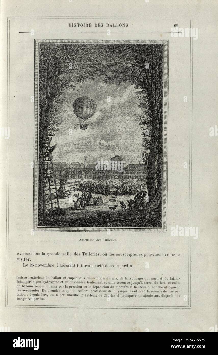 Ascensione di Tuileries, il volo di Jacques Alexandre César Charles (1746-1823) e da Nicolas-Louis Robert aka Marie-Noël Robert (1760 1820) con il primo palloncino di idrogeno su dicembre 1, 1783 al Jardin de Tuileris a Parigi, la Fig, 17, p. 69, Tissandier, Albert (dess.), 1876, Alfred Sircos ha; Th. Pallier: Histoire des Ballons et des ascensioni célèbres avec une préface de Nadar: dessins de A. Tissandier [...]. Parigi: F. Roy, 1876 Foto Stock