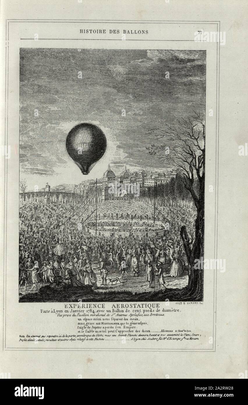 Esperienza aerostatico. Fatto a Lione nel gennaio 1784, con un palloncino centinaia di metri di diametro, il volo della mongolfiera 'Le Flesselle" il 19 gennaio 1784 con Joseph Michel de Montgolfier e Jean-François Pilâtre de Rozier a Lione, firmato: Yves & Barret sc, Fig. 19, p. 77, Yves & Barret (sc.), 1876, Alfred Sircos ha; Th. Pallier: Histoire des Ballons et des ascensioni célèbres avec une préface de Nadar: dessins de A. Tissandier [...]. Parigi: F. Roy, 1876 Foto Stock