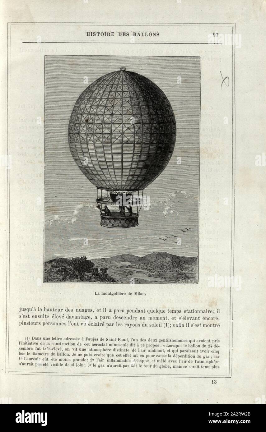 Il palloncino di Milano, mongolfiera, con la quale il 25 febbraio 1784 il primo volo abitato al di fuori della Francia nei pressi di Milano è stata effettuata da Don Paolo Andreani, Carlo Gerli e Agostino Gerli, firmato: CL; Lettura di Essay, Fig. 22, p. 97, Lesestre, Gustave (sc.), 1876, Alfred Sircos ha; Th. Pallier: Histoire des Ballons et des ascensioni célèbres avec une préface de Nadar: dessins de A. Tissandier [...]. Parigi: F. Roy, 1876 Foto Stock