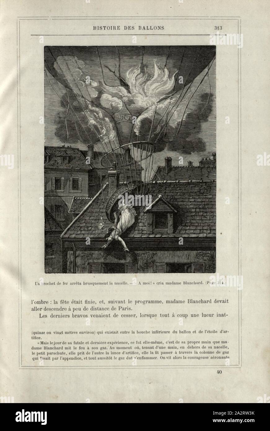 Sophie Blanchard crash con ardente mongolfiera il 7 luglio 1819 a Parigi, firmato: H. R, Fig. 55, p. 313 Foto Stock