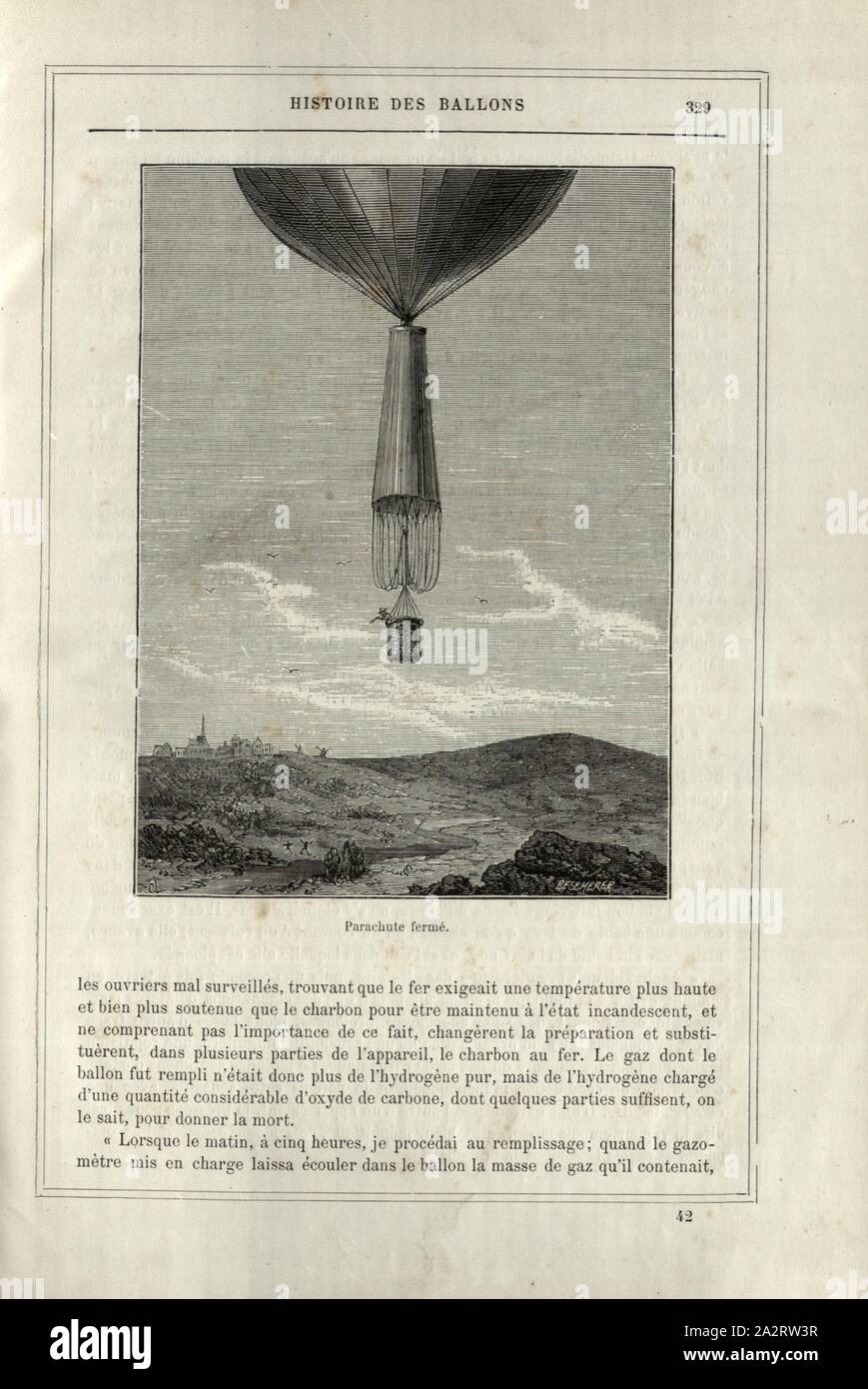 Paracadute chiuso, chiuso il paracadute e mongolfiera da André-Jacques Garnerin prima il salto su ottobre 22, 1797 sopra il Parkc Monceau a Parigi, firmato: CL; R. E. Scherer ?, Fig. 59, p. 329, 1876, Alfred Sircos ha; Th. Pallier: Histoire des Ballons et des ascensioni célèbres avec une préface de Nadar: dessins de A. Tissandier [...]. Parigi: F. Roy, 1876 Foto Stock