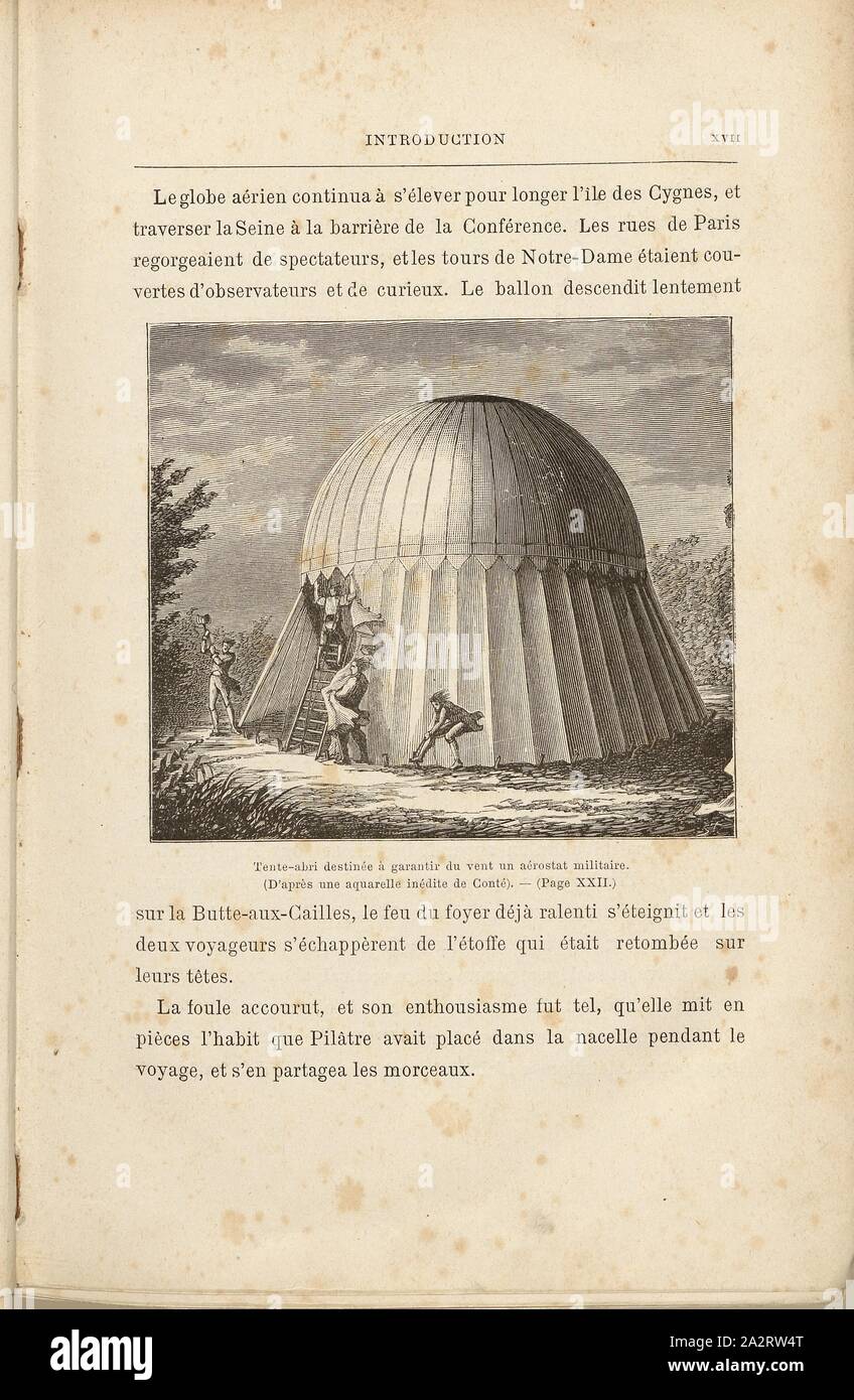 Tenda shelter per garantire il vento un aerostato militare, in mongolfiera ad aria calda sotto la copertura di protezione, firmato: S.T., Fig. 4, p. XVII, Conté, Nicolas-Jacques (pinx.); Smeeton, Burn (sc.); Tilly, Auguste (sc.), 1887, Gaston Tissandier: Histoire de mes ascensioni. Récit de quarante voyages aériens (1868-1886). Parigi: Maurice Dreyfous, 1887 Foto Stock