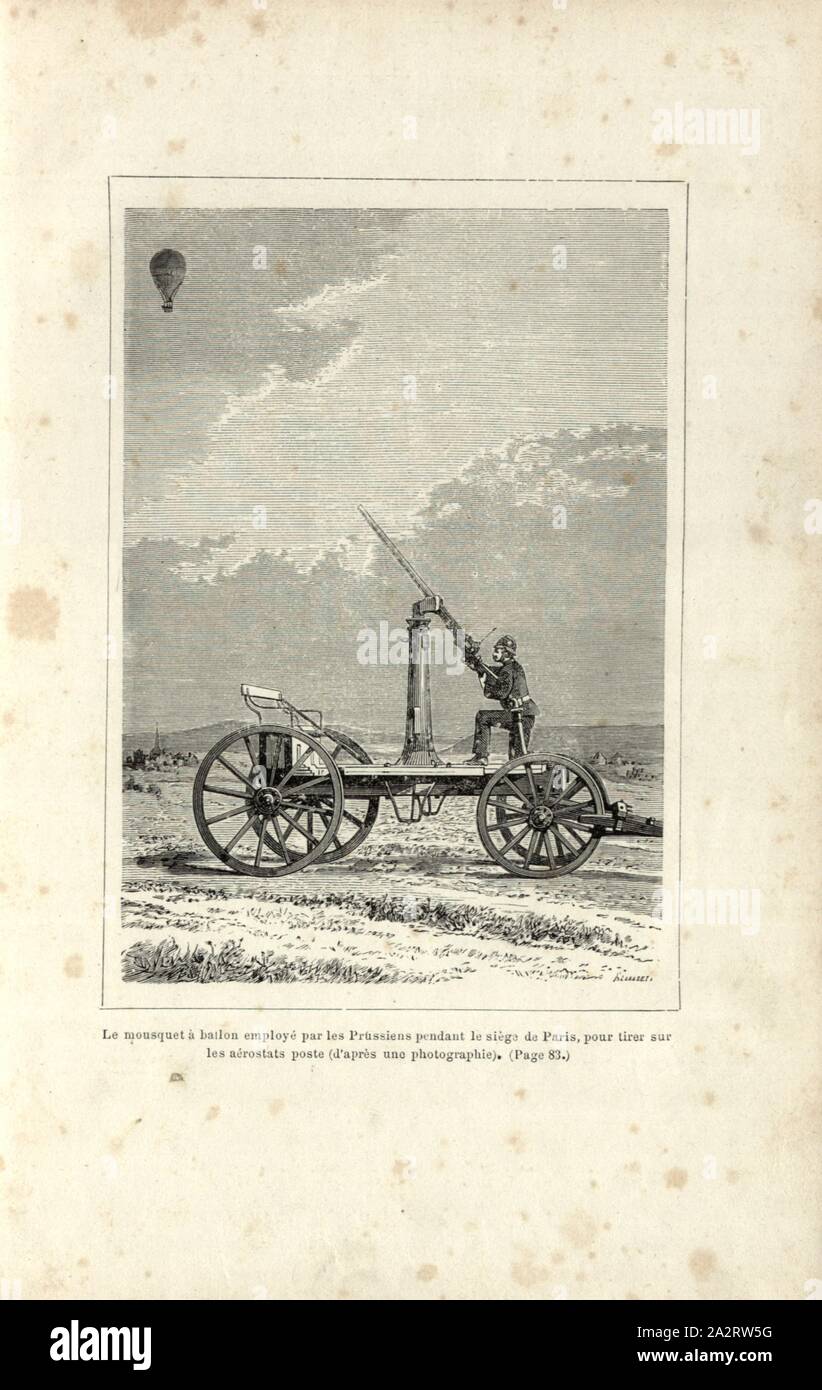 Il palloncino moschetto utilizzato dai prussiani durante l'assedio di Parigi, al fuoco sulla stazione aerostats, moschetto utilizzato dai prussiani durante l'Assedio di Parigi (1870-1871) per il lancio di aerei firmata:? Naget, Fig. 22, secondo p. 88, 1887, Gaston Tissandier: Histoire de mes ascensioni. Récit de quarante voyages aériens (1868-1886). Parigi: Maurice Dreyfous, 1887 Foto Stock