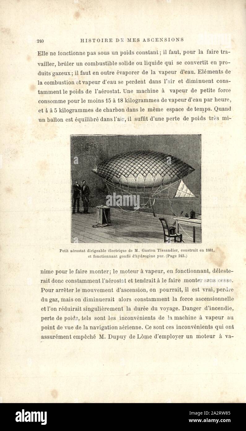 La piccola elettrica aerostato dirigibile di M. Gaston Tissandier, costruito nel 1881, e il funzionamento gonfiato con idrogeno puro, idrogeno dirigibile dotato di un motore elettrico in officina di Gaston Tissandier 1881, Fig. 62, p. 240, 1887, Gaston Tissandier: Histoire de mes ascensioni. Récit de quarante voyages aériens (1868-1886). Parigi: Maurice Dreyfous, 1887 Foto Stock