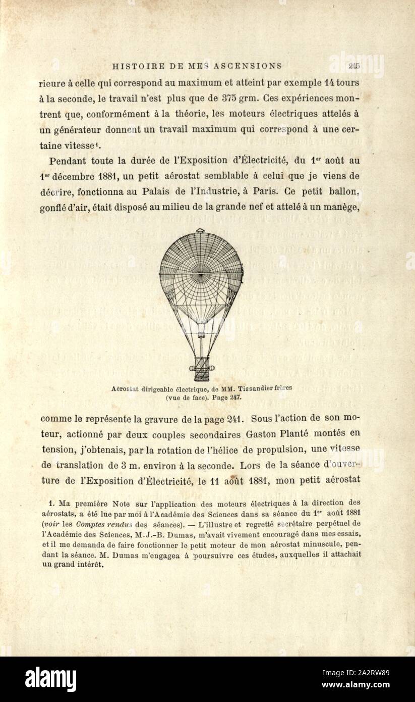 Dirigibile elettrico, di MM. Fratelli Tissandier vista frontale, dirigibile sterzabili con motore elettrico da Gaston e Albert Tissandier 1881, Fig. 65, p. 245, 1887, Gaston Tissandier: Histoire de mes ascensioni. Récit de quarante voyages aériens (1868-1886). Parigi: Maurice Dreyfous, 1887 Foto Stock