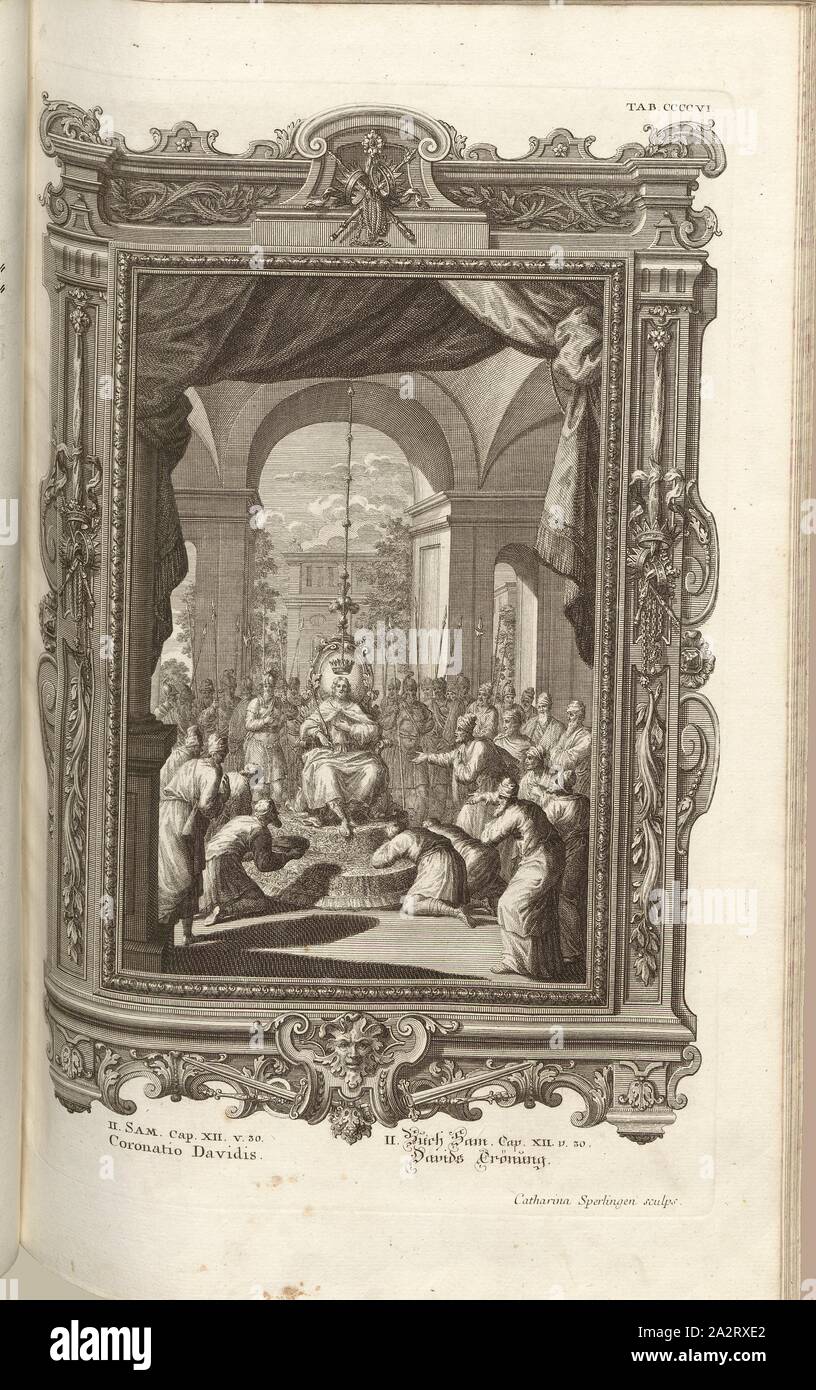 A coronamento di David, parallelo Titolo: David Crönung, firmato: Catharina Sperlingen sculps, calcografia, piastra CCCCVI, Füssli, Johann Melchior; Sperling, Catharina (sculps.), 1731, Johann Jakob Scheuchzer: Kupfer-Bibel (...). Augspurg und Ulm: gedruckt bey Christian Ulrich Wagner, 1731-1735 Foto Stock