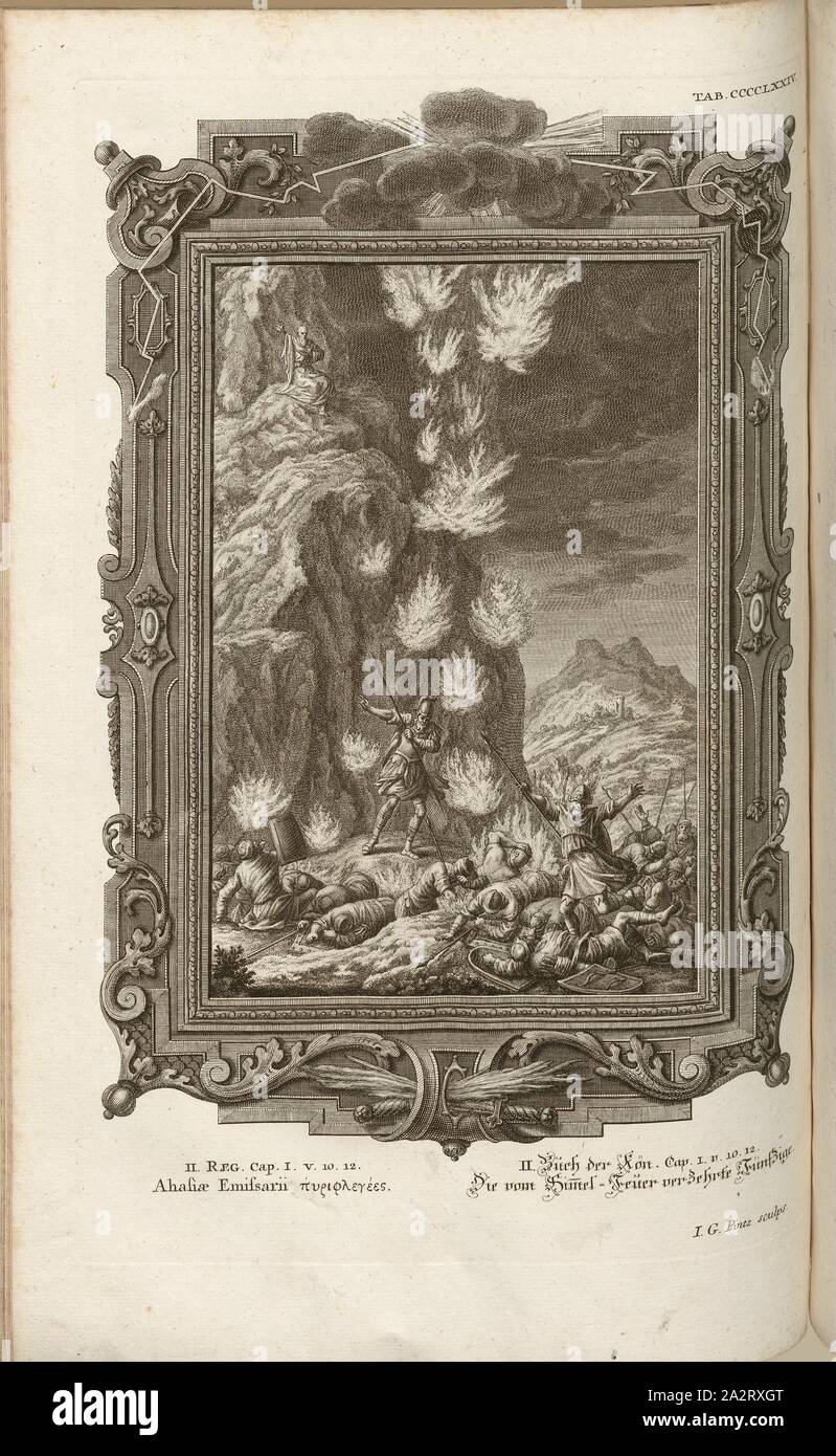 Guide Ahasiae ..., parallelo Titolo: Fifties consumata dal cielo il fuoco, firmato: J. G. Pintz sculps, incisione su rame, piastra CCCCLXXIV, Füssli, Johann Melchior; Pinz, Johann Georg (sculps.), 1731, Johann Jakob Scheuchzer: Kupfer-Bibel (...). Augspurg und Ulm: gedruckt bey Christian Ulrich Wagner, 1731-1735 Foto Stock