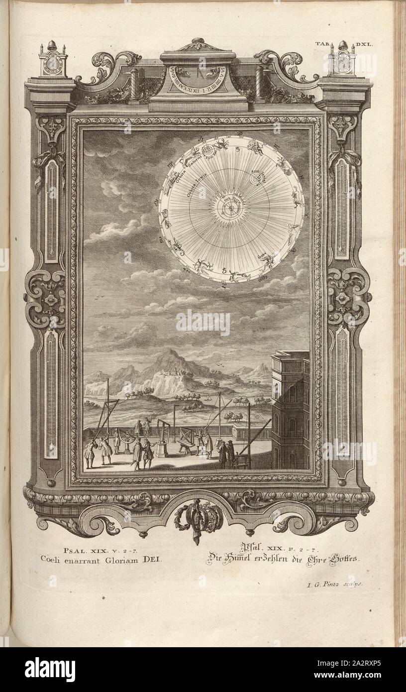 I cieli narrano la gloria di Dio; parallelamente titolo: i cieli sono la gloria di Dio, firmato: J. G. Pintz sculps, incisione su rame, piastra DXL, Füssli, Johann Melchior; Pinz, Johann Georg (sculps.), 1731, Johann Jakob Scheuchzer: Kupfer-Bibel (...). Augspurg und Ulm: gedruckt bey Christian Ulrich Wagner, 1731-1735 Foto Stock