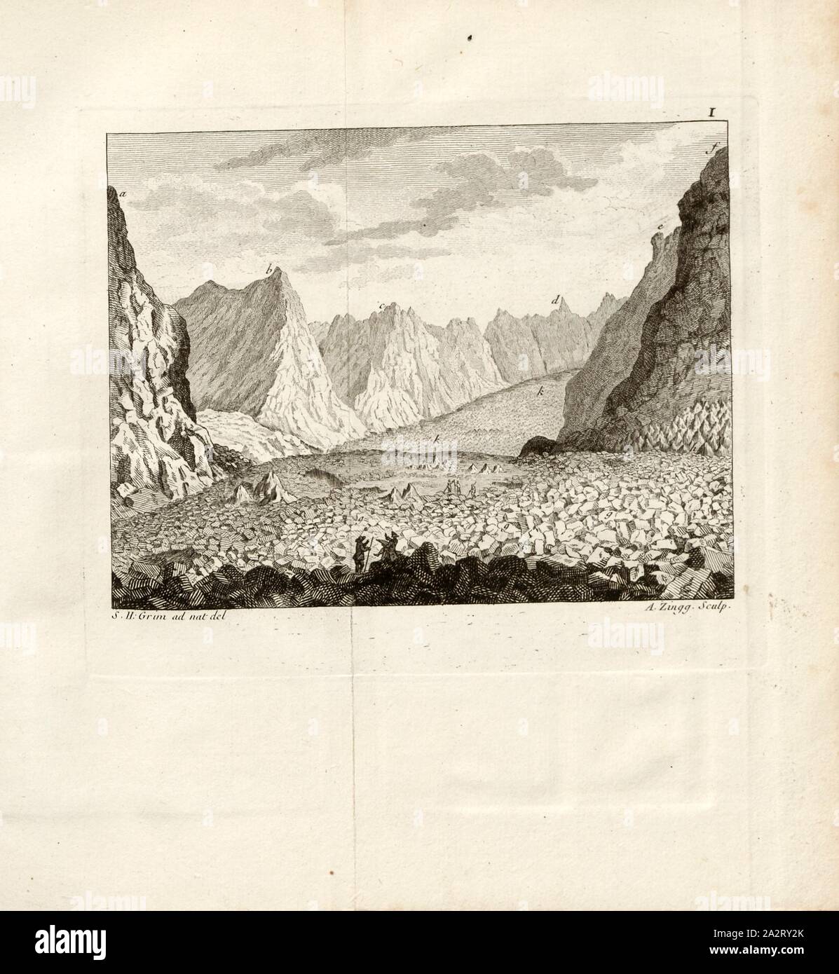 Il cluster Lauter-Aar nel Cantone di Berna, o Grimsel valle di ghiaccio, vista del ghiacciaio Lauteraar, firmato: S. H. Grim (ad Nat. Del.); A. Zingg (sculp.), Fig. 3, I, dopo p. 372, p. 398, grim, S. H. (ad nat. canc.); Zingg, Adrian (sculp.), 1770, Gottlieb Sigmund Gruner; Louis-Félix Guinement de Keralio: Histoire Naturelle des glacieres de Suisse. Parigi: Panckoucke, MDCCLXX [1770 Foto Stock