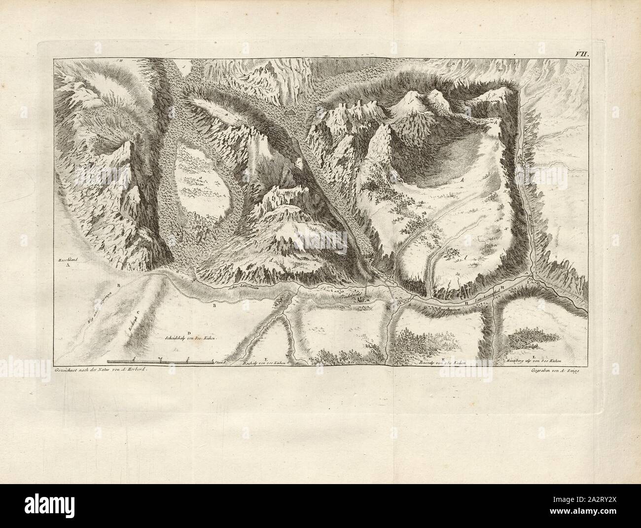 Mappa del ghiacciaio di Grindelwald, Mappa del ghiacciaio vicino a Grindelwald, firmato: A. Herberd; A. Zingg, Fig. 9, VII, dopo S. 372, S. 404, Herbord, un (gezeichnet nach der Natur); Zingg, Adrian (gegraben), 1770, Gottlieb Sigmund Gruner; Louis-Félix Guinement de Keralio: Histoire Naturelle des glacieres de Suisse. Parigi: Panckoucke, MDCCLXX [1770 Foto Stock