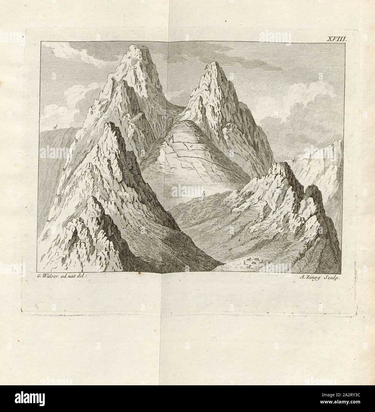 La tomaia Saentis cluster nel cantone di Abbentsel, vista del Säntis in Appenzell, firmato: G. Walser (ad nat. Del.); A. Zingg (sculp.), Fig. 20, XVIII, dopo p. 372, p. 414, Walser, Gabriel (annuncio nat. canc.); Zingg, Adrian (sculp.), 1770, Gottlieb Sigmund Gruner; Louis-Félix Guinement de Keralio: Histoire Naturelle des glacieres de Suisse. Parigi: Panckoucke, MDCCLXX [1770 Foto Stock