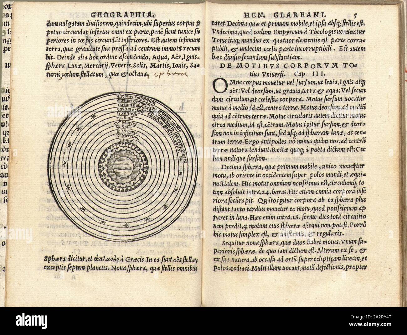 Il sistema solare, illustrazione del sistema solare e dei pianeti dal XVI secolo, Fig. 1, p. 4v, 1549, Henricus Glareanus Loriti: Henrici Glareani Helvetii poetae laureati de geographia liber unus ab ipso authore iam tertio recognitus. Venetiis: [Nicolini da Sabbio, Sessa], [1549 Foto Stock