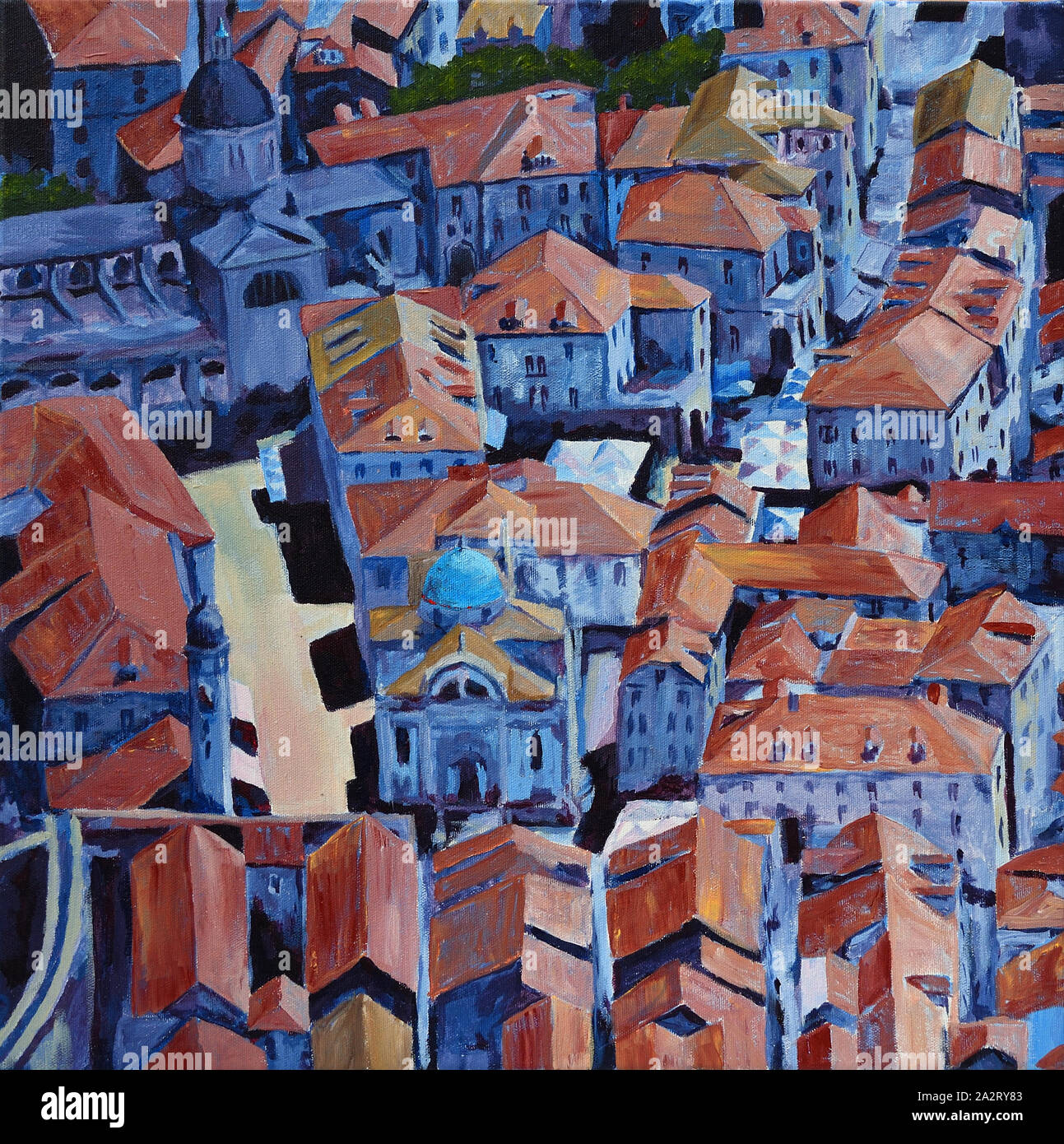 Pittura Acrilica di Dubrovnik Città Vecchia da sopra. Foto Stock
