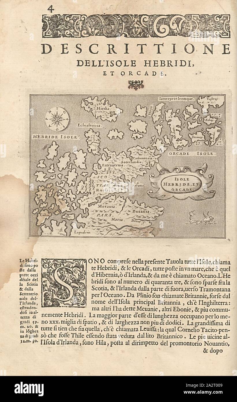 Isole Hebride e Orcade, mappa delle Ebridi e Scozia settentrionale, Fig. 2, p. 4, Porro, Girolamo (ill.), 1575, Thomaso Porcacchi, Girolamo Porro: L' isole piu famose del mondo. Il secondo libro. In veneto: apresso gli Heredi di Simon Galignani, 1590 Foto Stock
