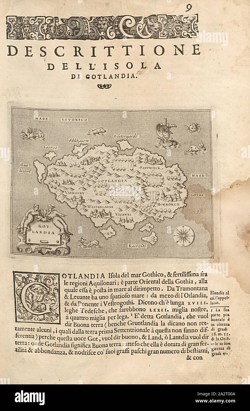 Gotlandia, Mappa di Gotland, Fig. 3, p. 9, Porro, Girolamo (ill.), 1575, Thomaso Porcacchi, Girolamo Porro: L' isole piu famose del mondo. Il secondo libro. In veneto: apresso gli Heredi di Simon Galignani, 1590 Foto Stock