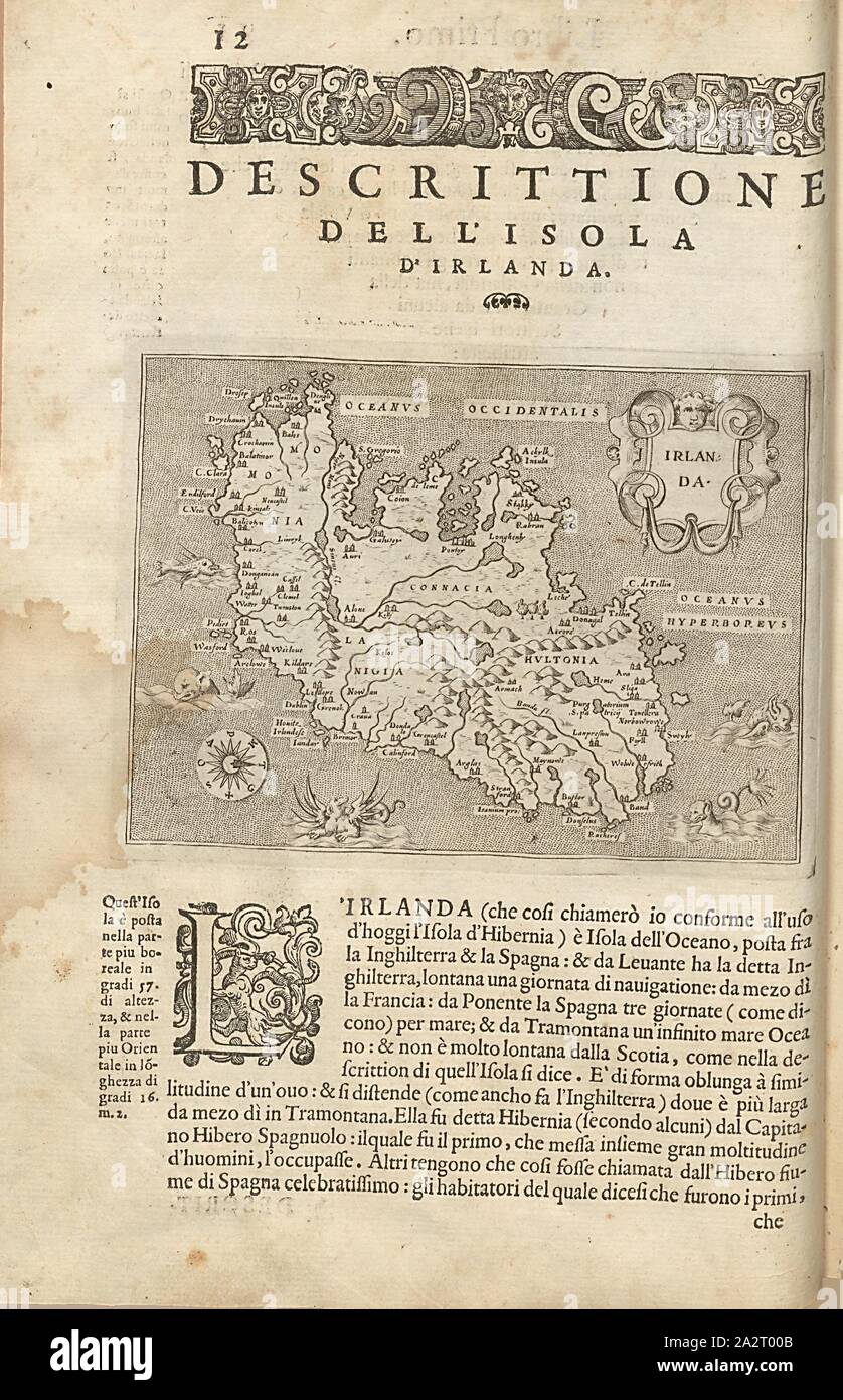 Irlanda, Mappa di Irlanda, Fig. 4, pag.12, Porro, Girolamo (ill.), 1575, Thomaso Porcacchi, Girolamo Porro: L' isole piu famose del mondo. Il secondo libro. In veneto: apresso gli Heredi di Simon Galignani, 1590 Foto Stock