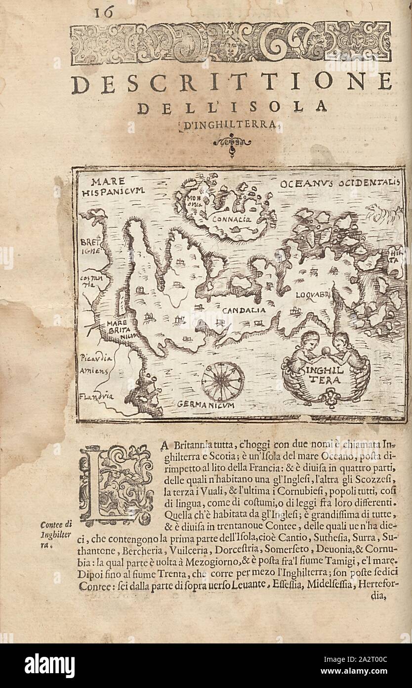 Inghiltera, Mappa delle Isole Britanniche, Fig. 5, p. 16, Porro, Girolamo (ill.), 1575, Thomaso Porcacchi, Girolamo Porro: L' isole piu famose del mondo. Il secondo libro. In veneto: apresso gli Heredi di Simon Galignani, 1590 Foto Stock