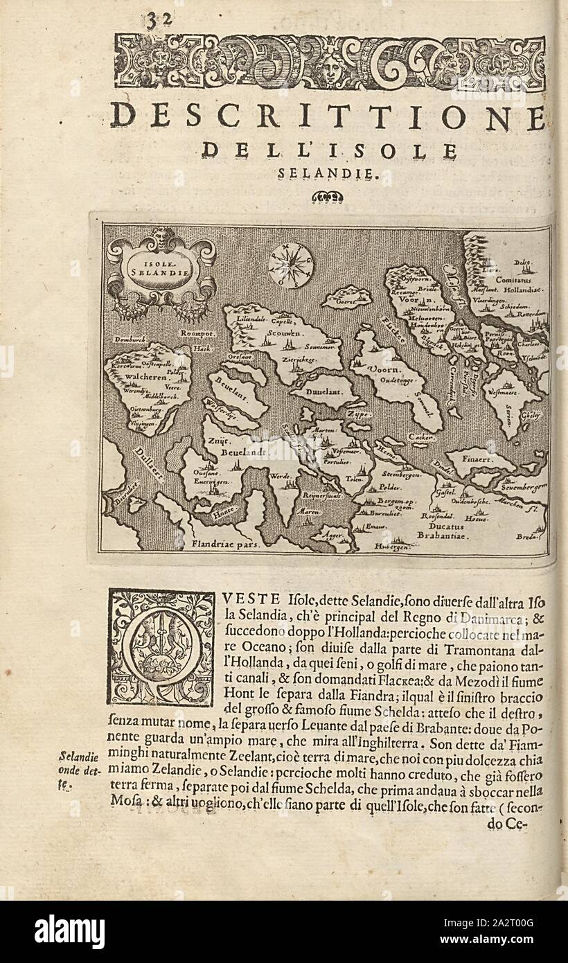 Isole Selandie, Mappa di Zeeland (Paesi Bassi), Fig. 8, p. 32, Porro, Girolamo (ill.), 1575, Thomaso Porcacchi, Girolamo Porro: L' isole piu famose del mondo. Il secondo libro. In veneto: apresso gli Heredi di Simon Galignani, 1590 Foto Stock