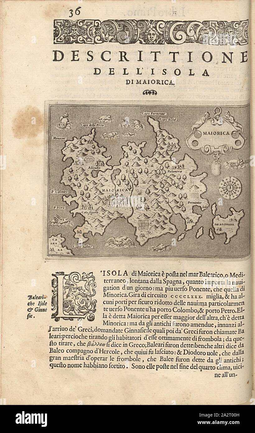 Majorica, mappa dell'isola di Mallorca, Fig. 9, pag.36, Porro, Girolamo (ill.), 1575, Thomaso Porcacchi, Girolamo Porro: L' isole piu famose del mondo. Il secondo libro. In veneto: apresso gli Heredi di Simon Galignani, 1590 Foto Stock