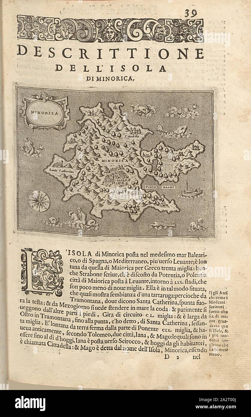 Minoranza, mappa dell'isola di Minorca, Fig. 10, p. 39, Porro, Girolamo (ill.), 1575, Thomaso Porcacchi, Girolamo Porro: L' isole piu famose del mondo. Il secondo libro. In veneto: apresso gli Heredi di Simon Galignani, 1590 Foto Stock